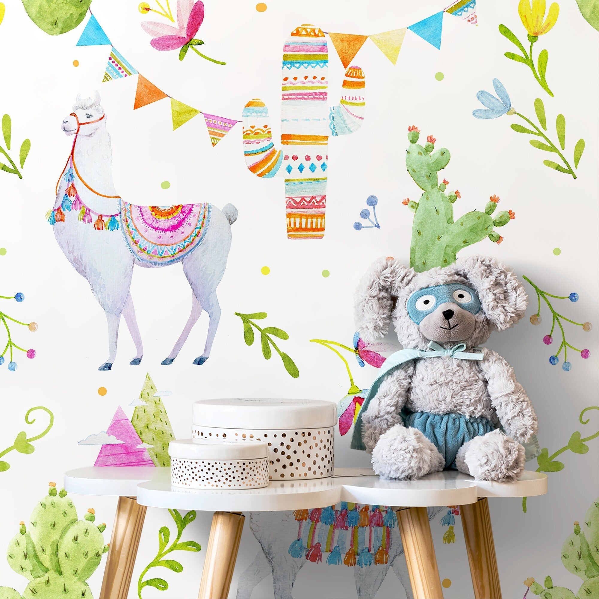 Animal Wallpaper With Watercolor Llamas And Cacti In Green, Pink, And Blue - A682