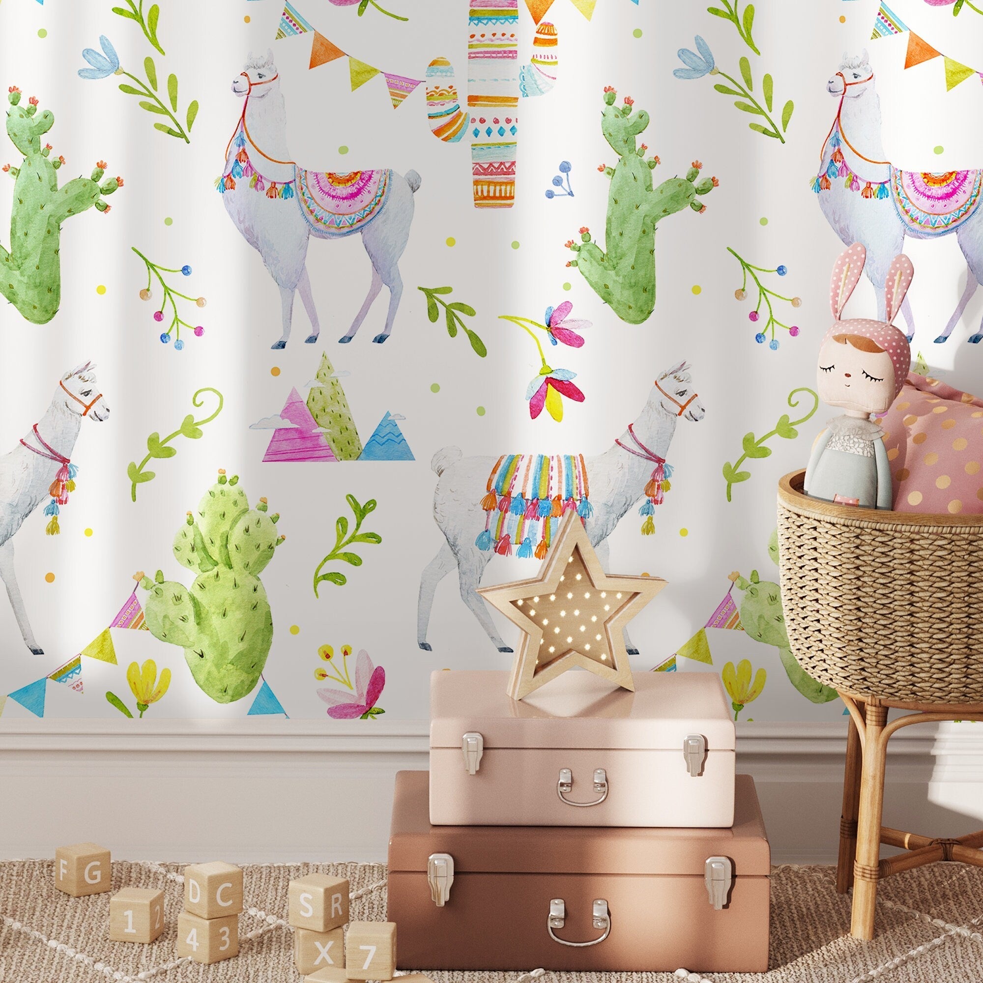 Animal Wallpaper With Watercolor Llamas And Cacti In Green, Pink, And Blue - A682