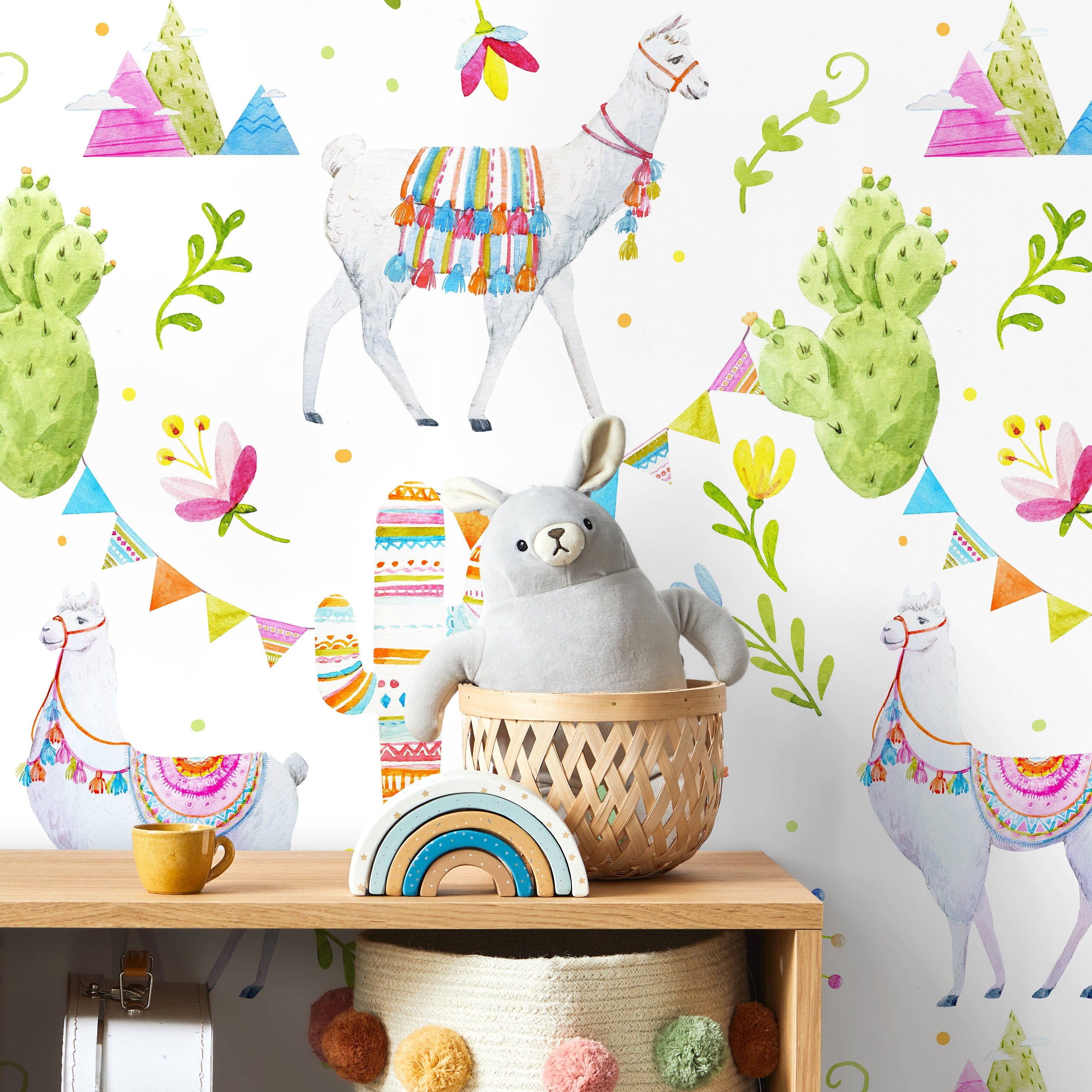 Animal Wallpaper With Watercolor Llamas And Cacti In Green, Pink, And Blue - A682