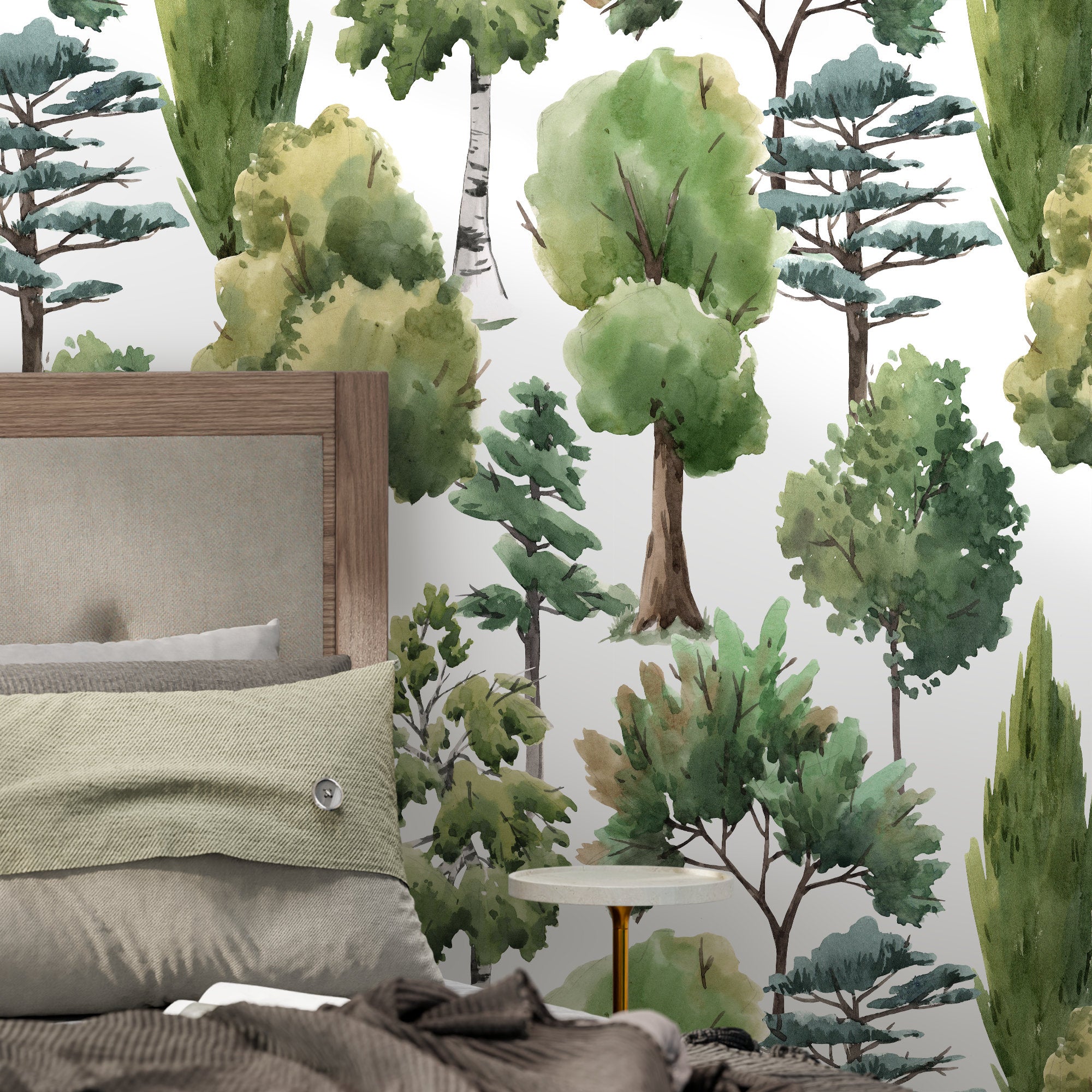 Forest Wallpaper Featuring A Watercolor Woodland In Green And Brown - A687