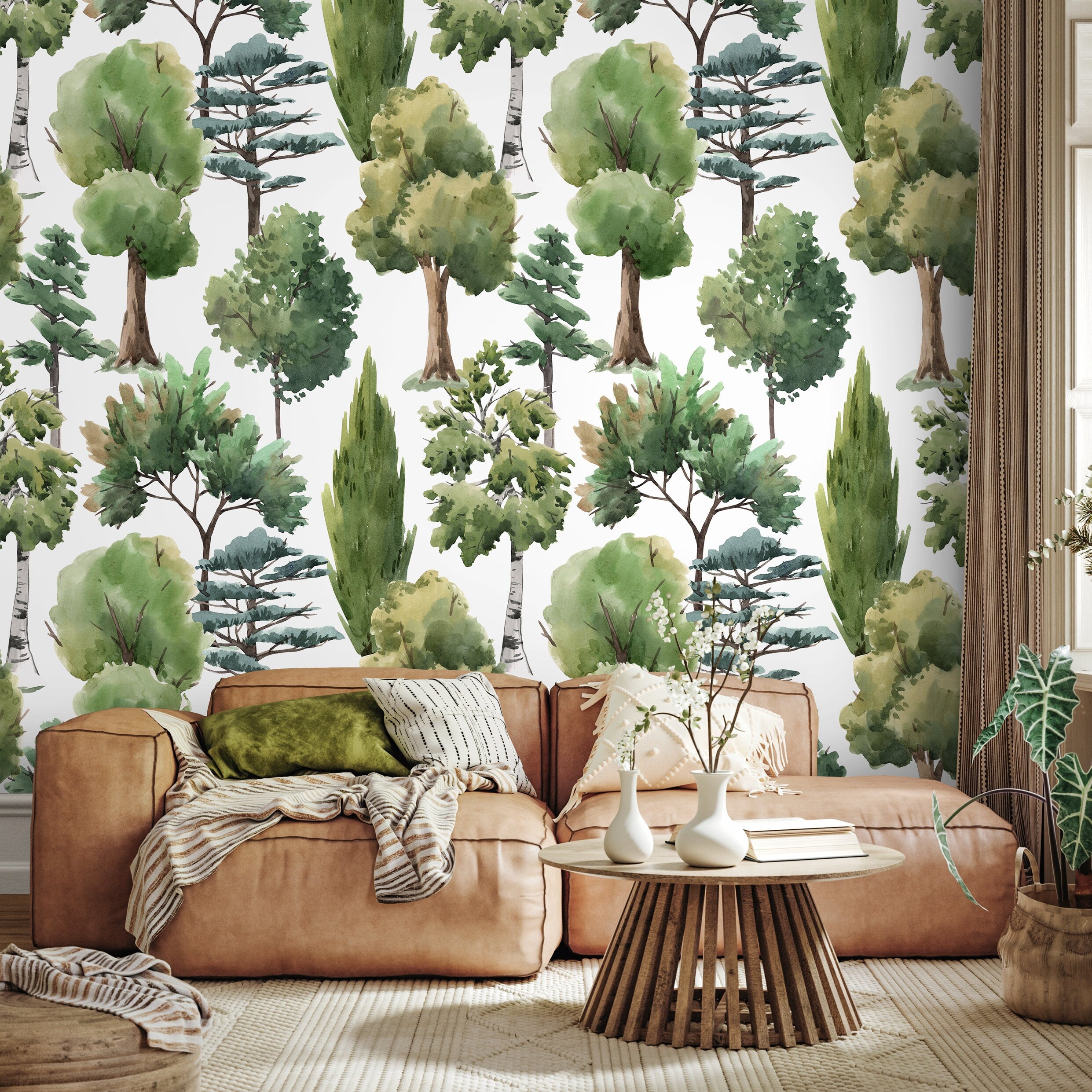 Forest Wallpaper Featuring A Watercolor Woodland In Green And Brown - A687