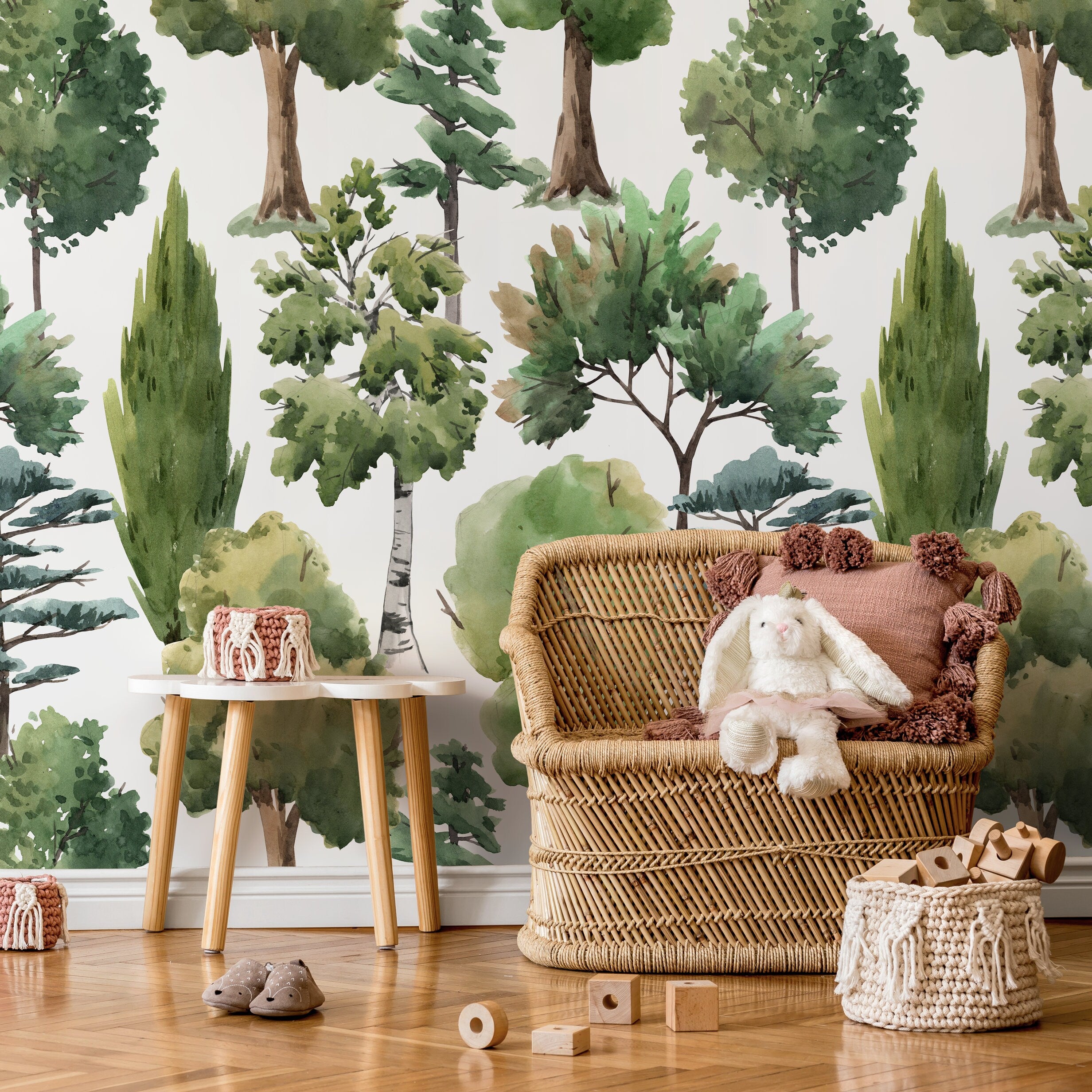Forest Wallpaper Featuring A Watercolor Woodland In Green And Brown - A687