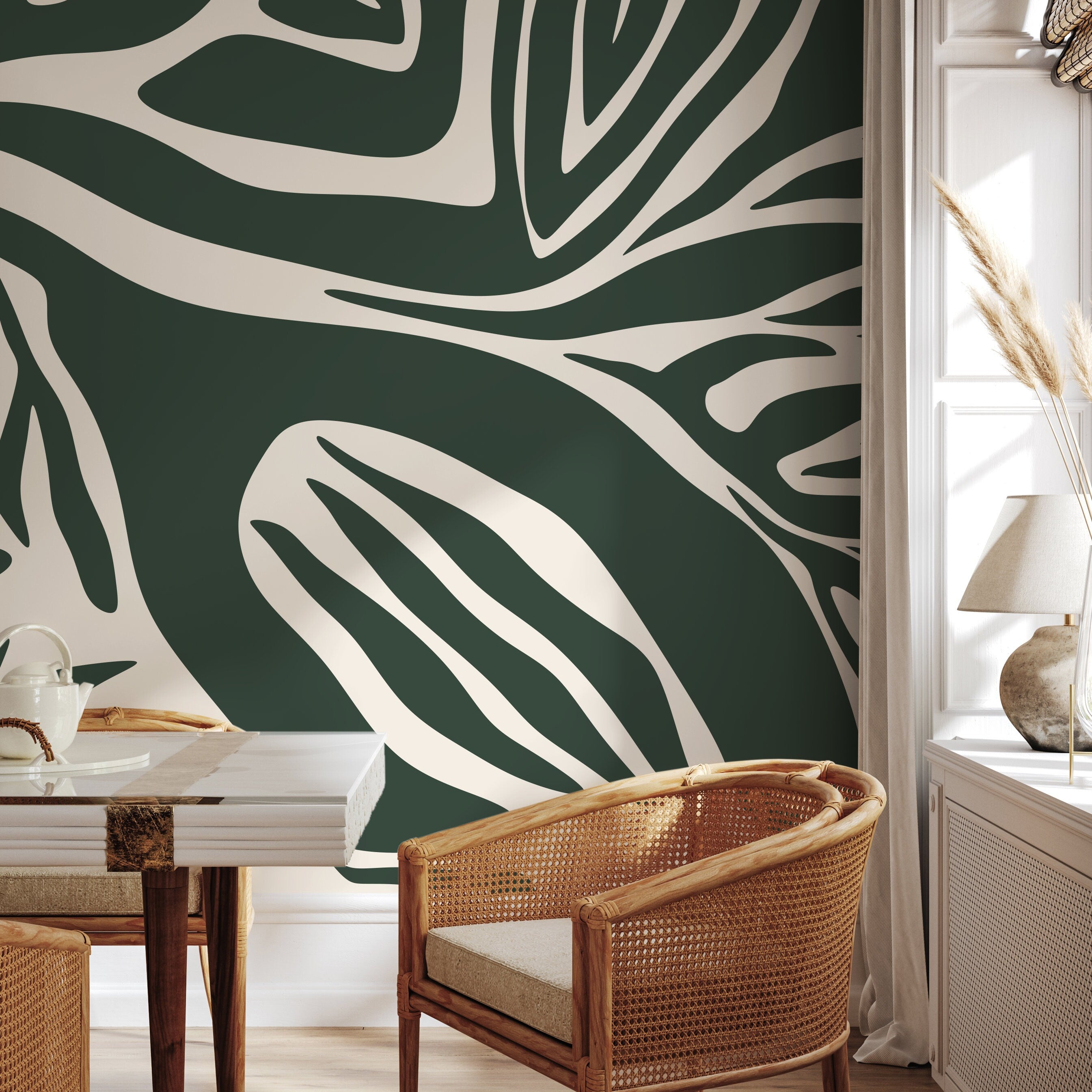 Abstract Wallpaper With Bold Zebra Stripes In Dark Green And Cream - D696