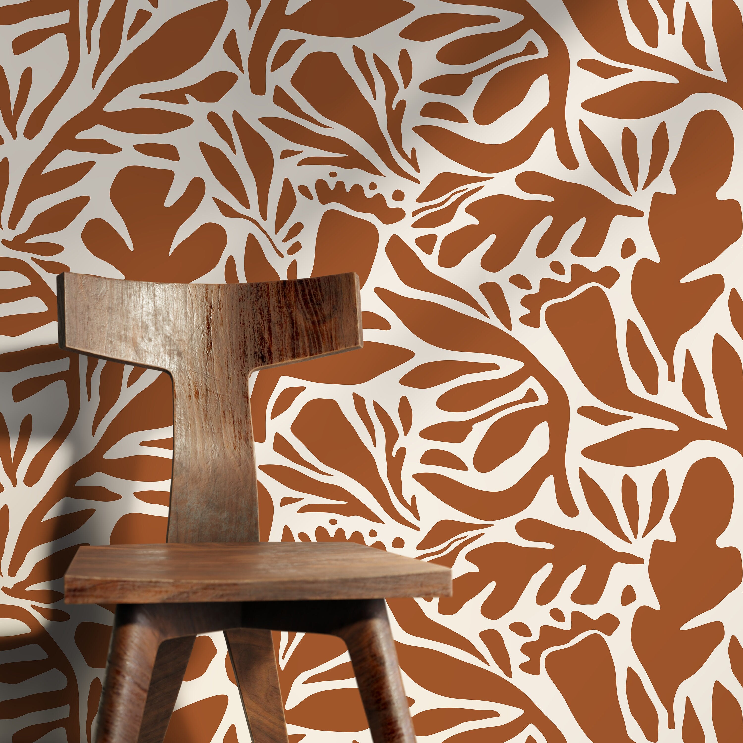 Botanical Wallpaper With A Modern Abstract Leaf Motif In Terracotta - D698
