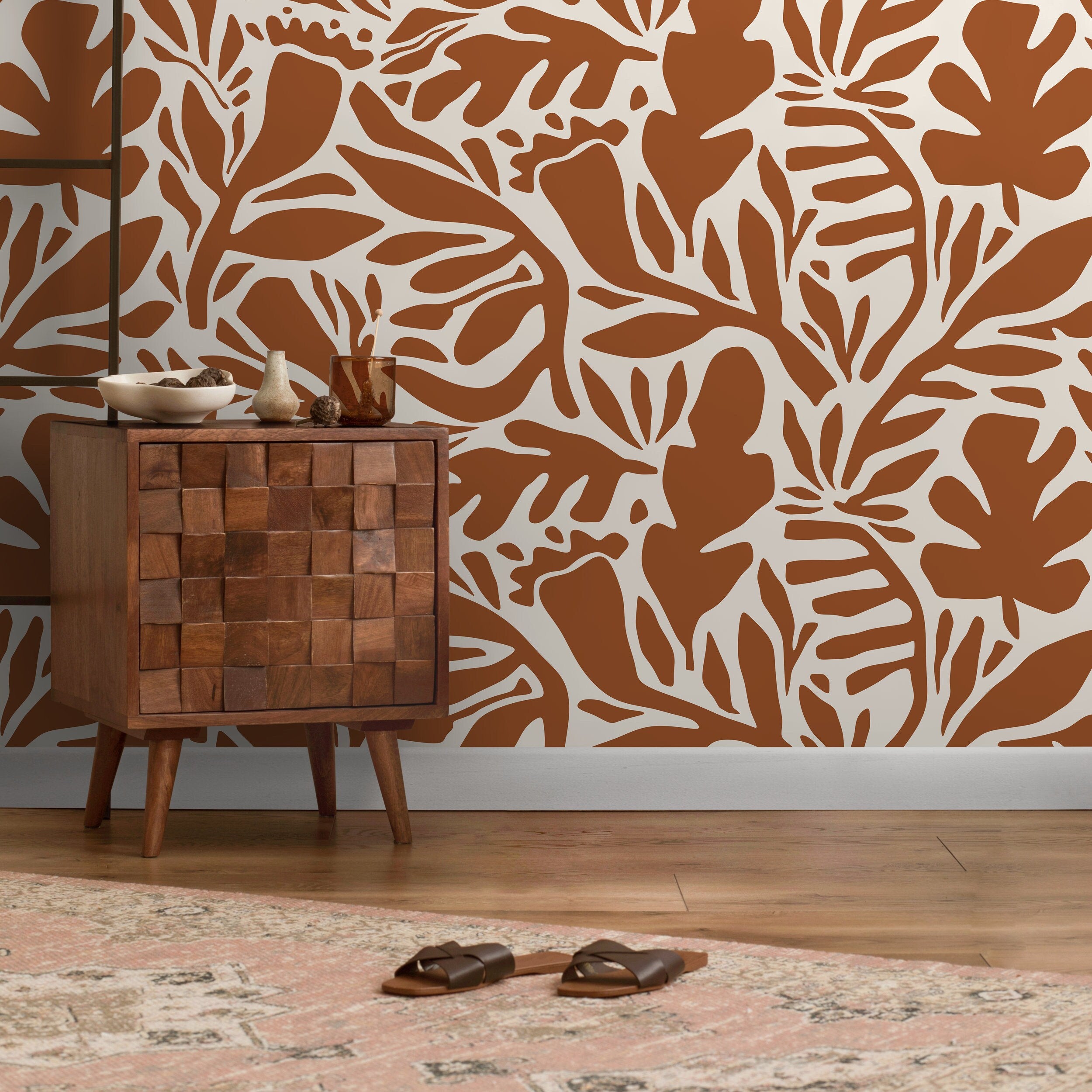 Botanical Wallpaper With A Modern Abstract Leaf Motif In Terracotta - D698