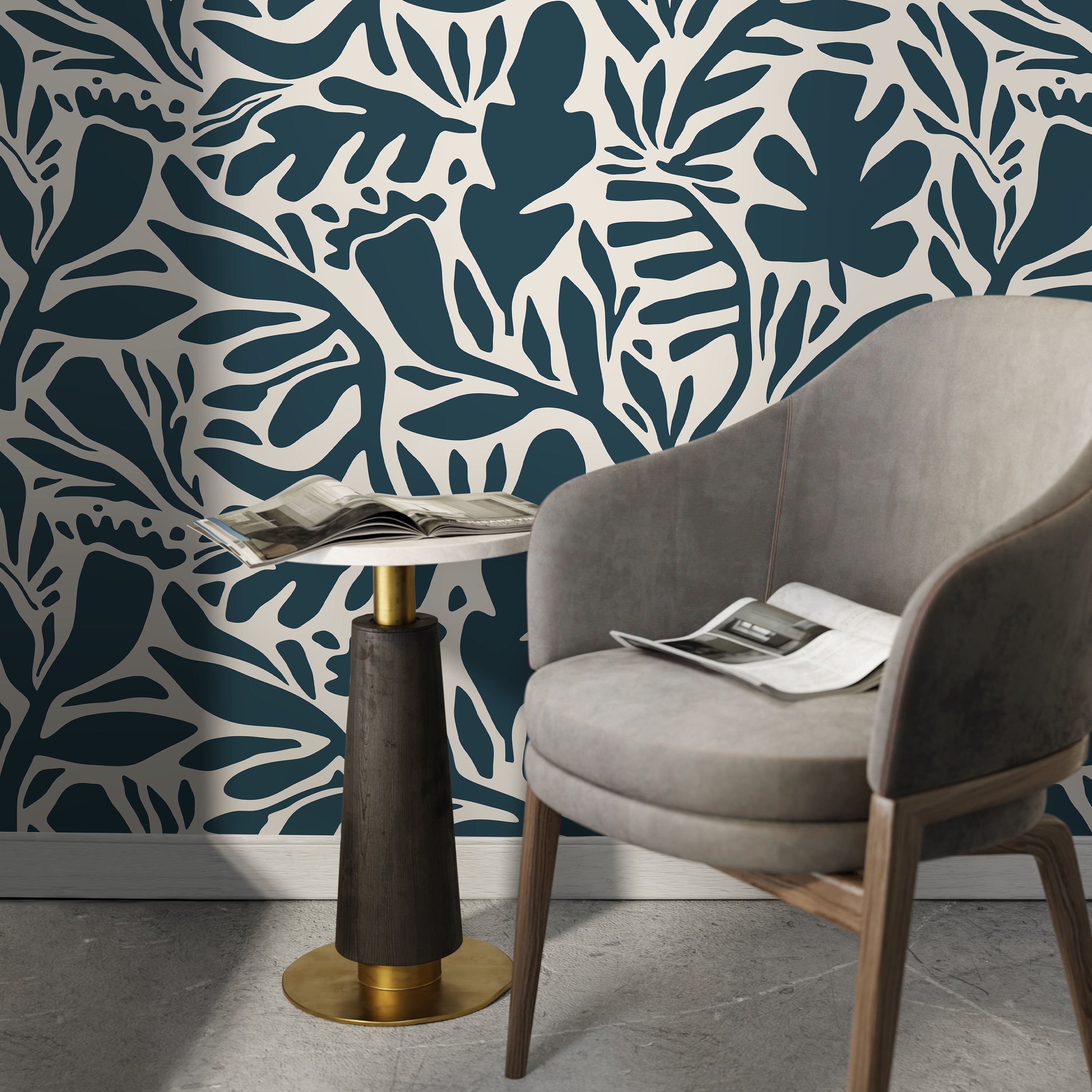 Abstract Wallpaper With Stylized Leaf Silhouettes In Dark Blue And Cream - D699