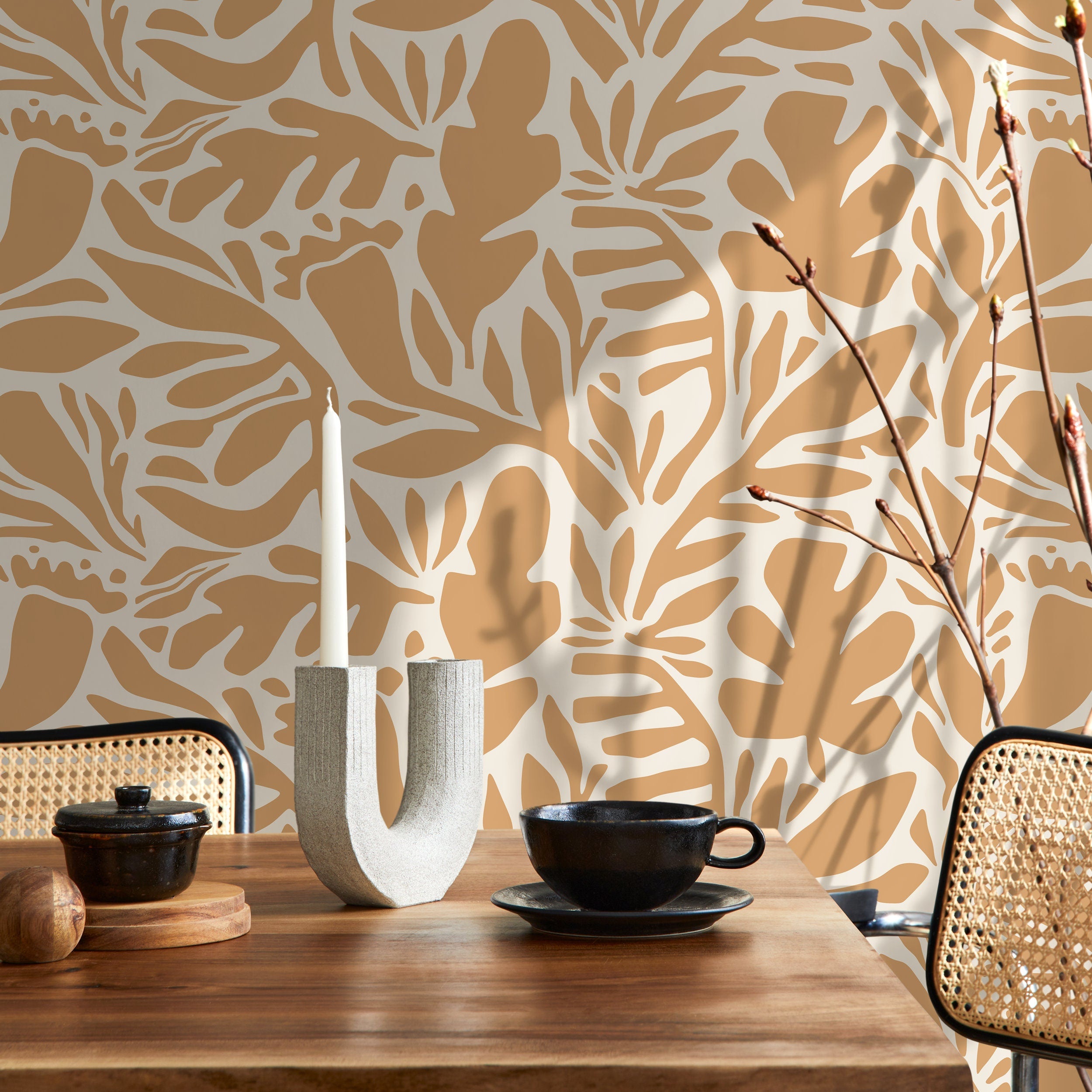 Botanical Wallpaper With Abstract Leaf Shapes In Yellow And Cream - D700