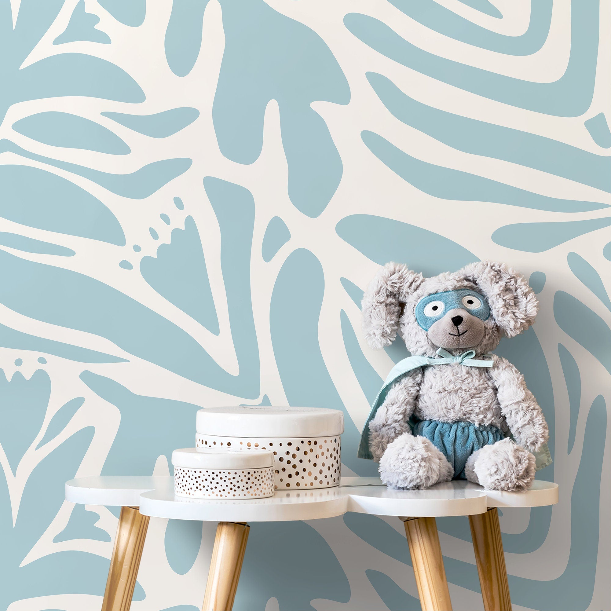 Abstract Floral Wallpaper Featuring Bold Botanical Cutouts In Light Blue - D701