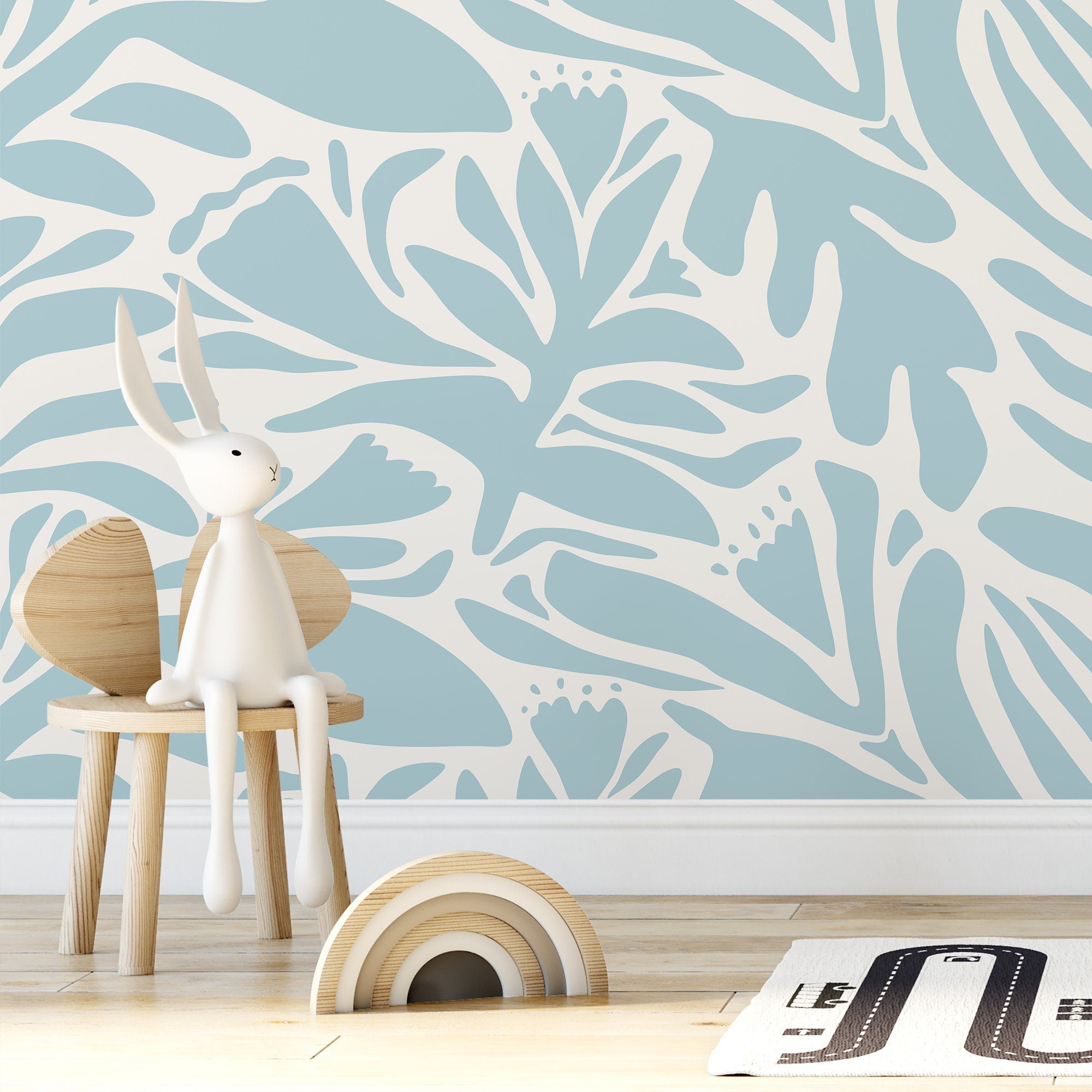 Abstract Floral Wallpaper Featuring Bold Botanical Cutouts In Light Blue - D701