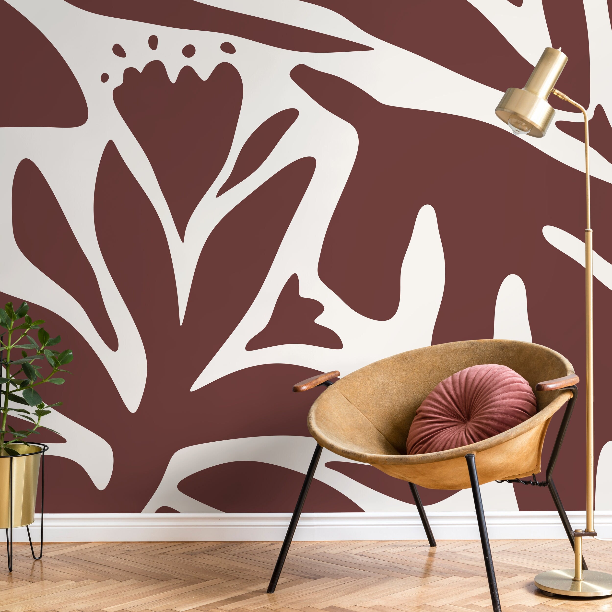 Abstract Wallpaper With Bold Botanical Silhouettes In Brown And White - D704