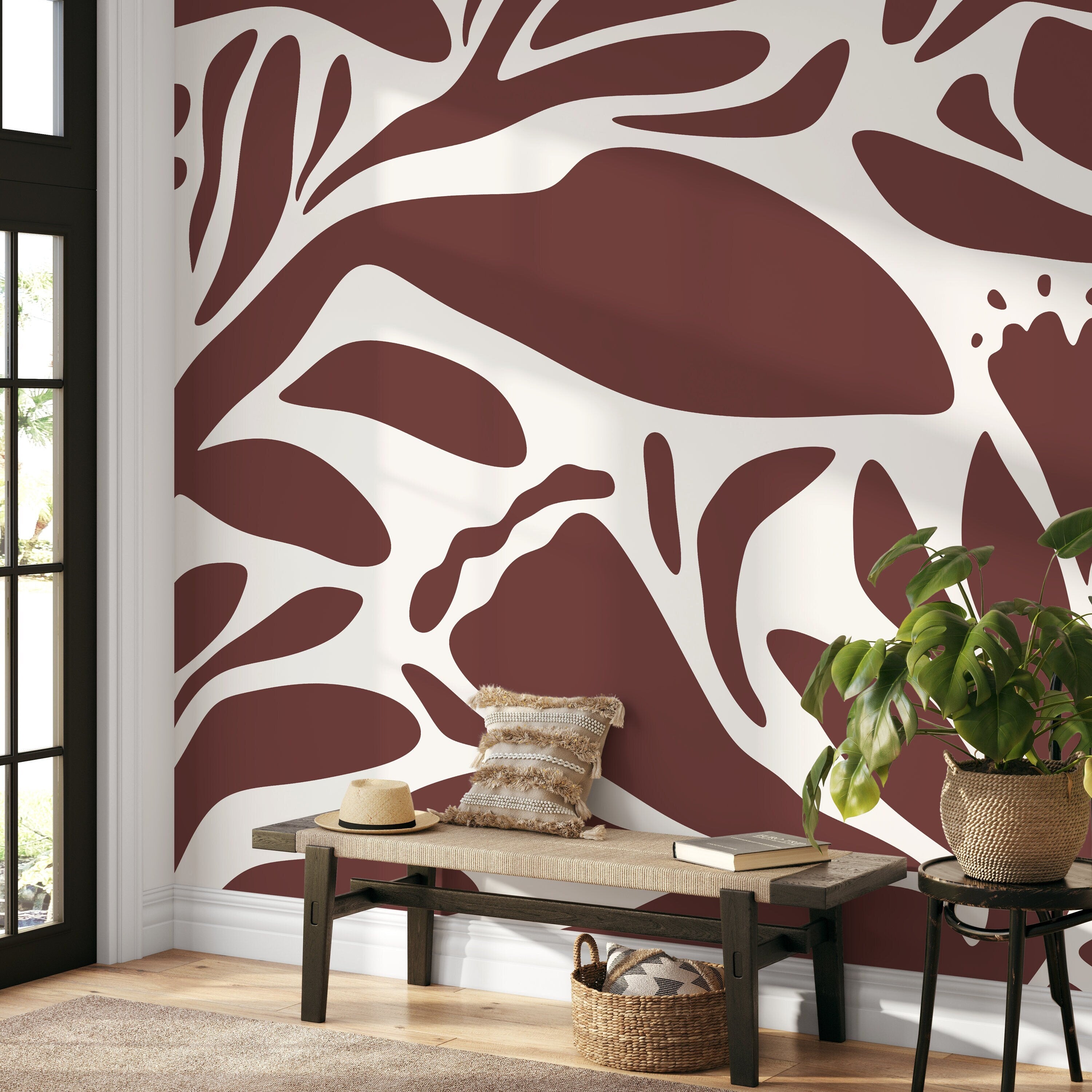 Abstract Wallpaper With Bold Botanical Silhouettes In Brown And White - D704