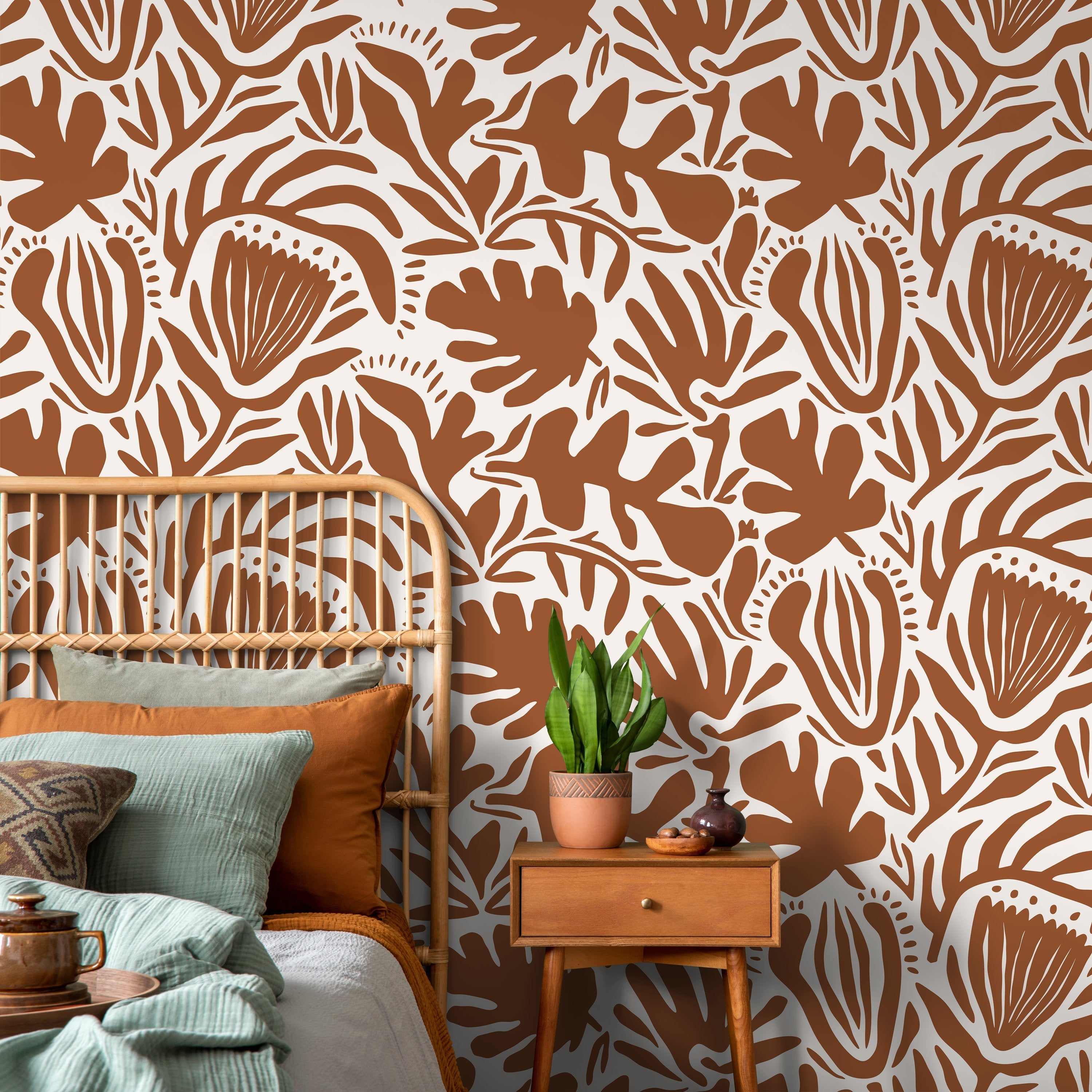 Abstract Floral Wallpaper With Bold Botanical Silhouettes In Terracotta - D709