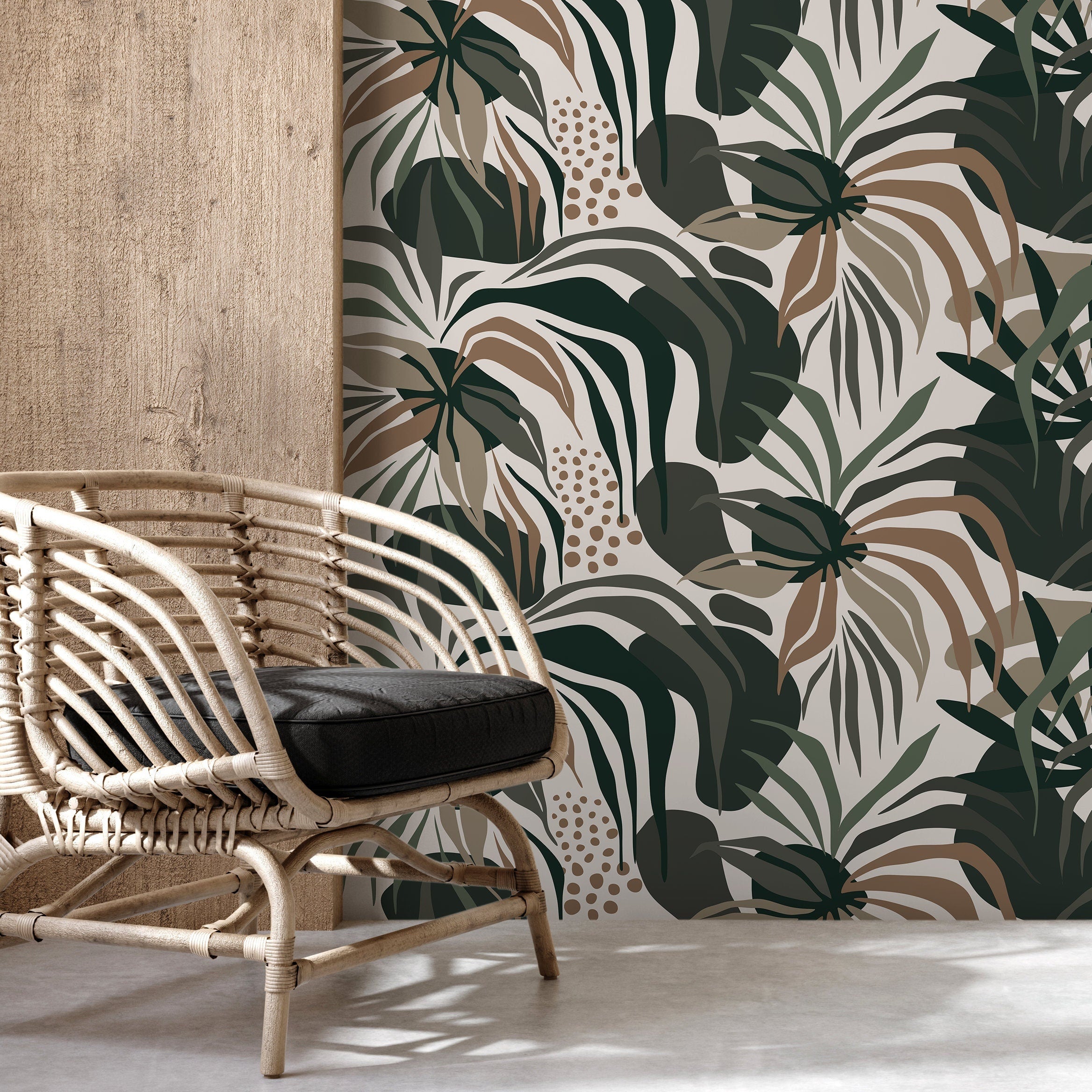 Tropical Wallpaper Featuring Abstract Foliage In Green And Brown - D711