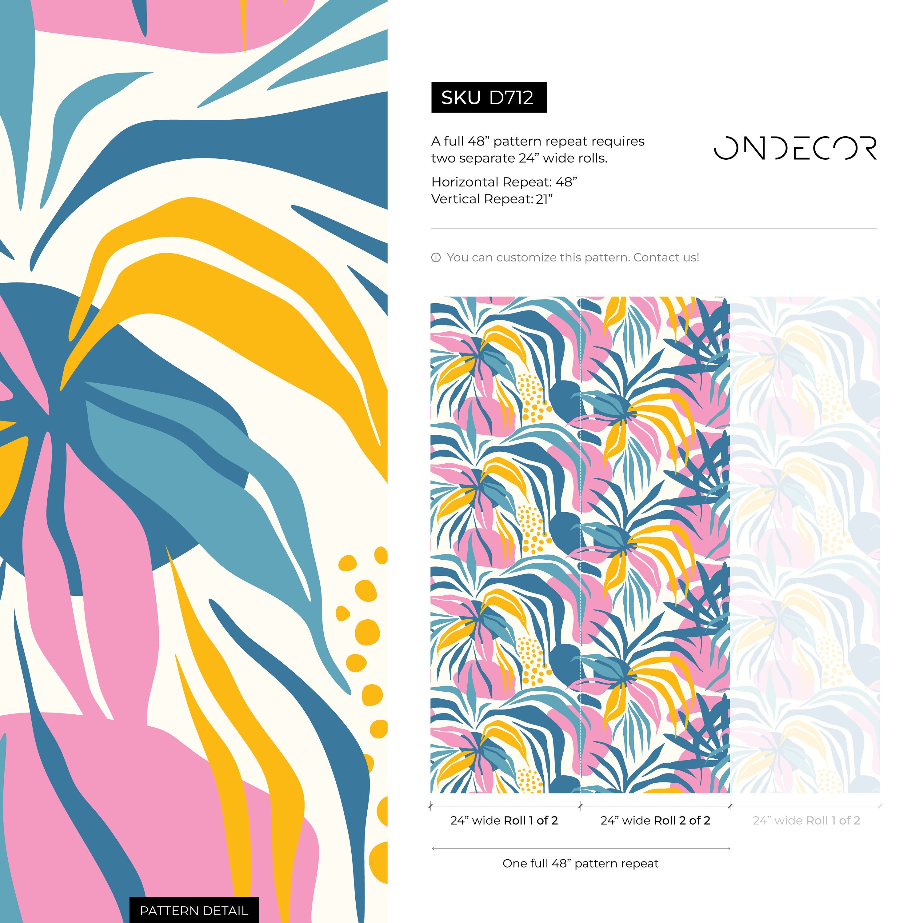 Tropical Wallpaper With Modern Abstract Leaves In Blue, Pink, And Yellow - D712