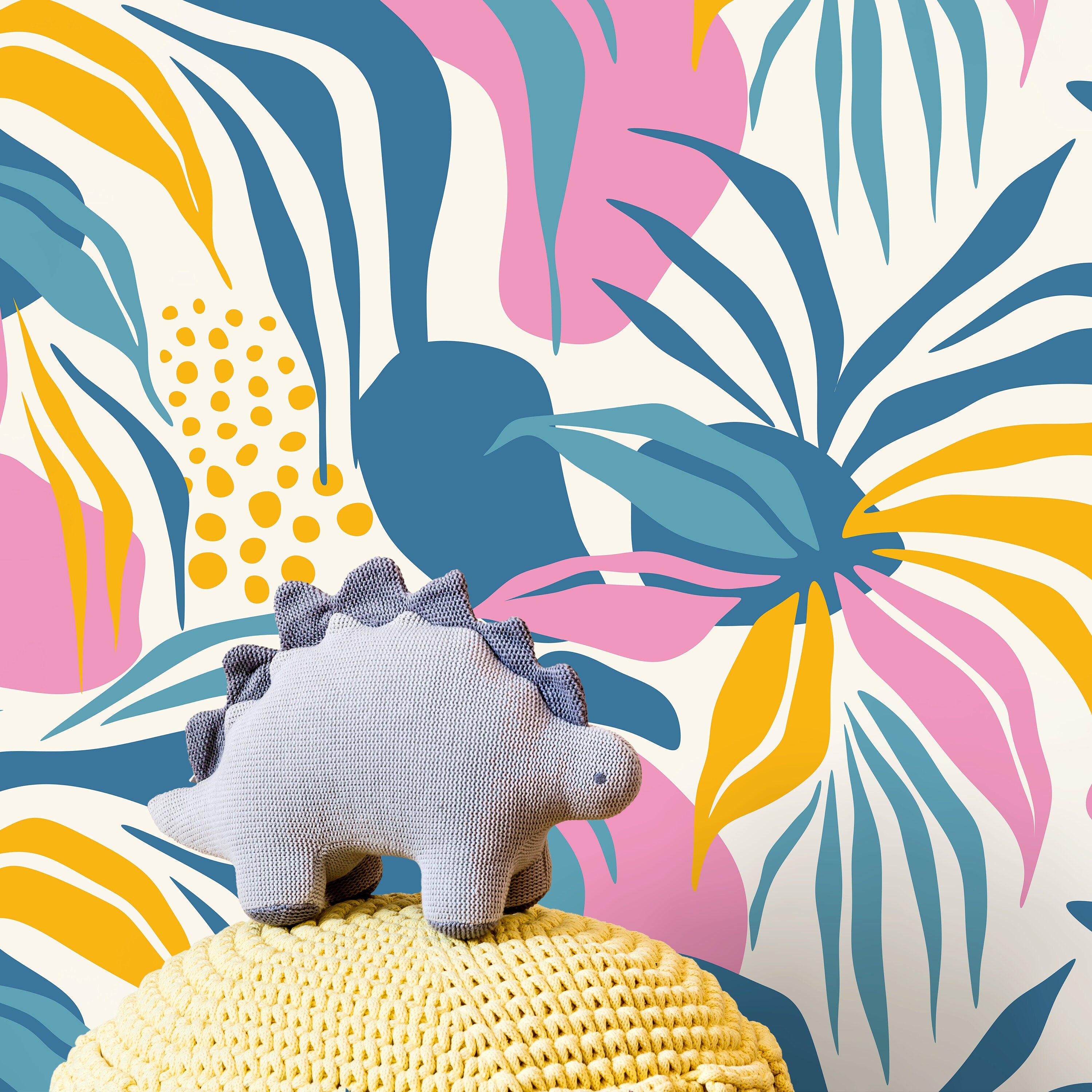 Tropical Wallpaper With Modern Abstract Leaves In Blue, Pink, And Yellow - D712