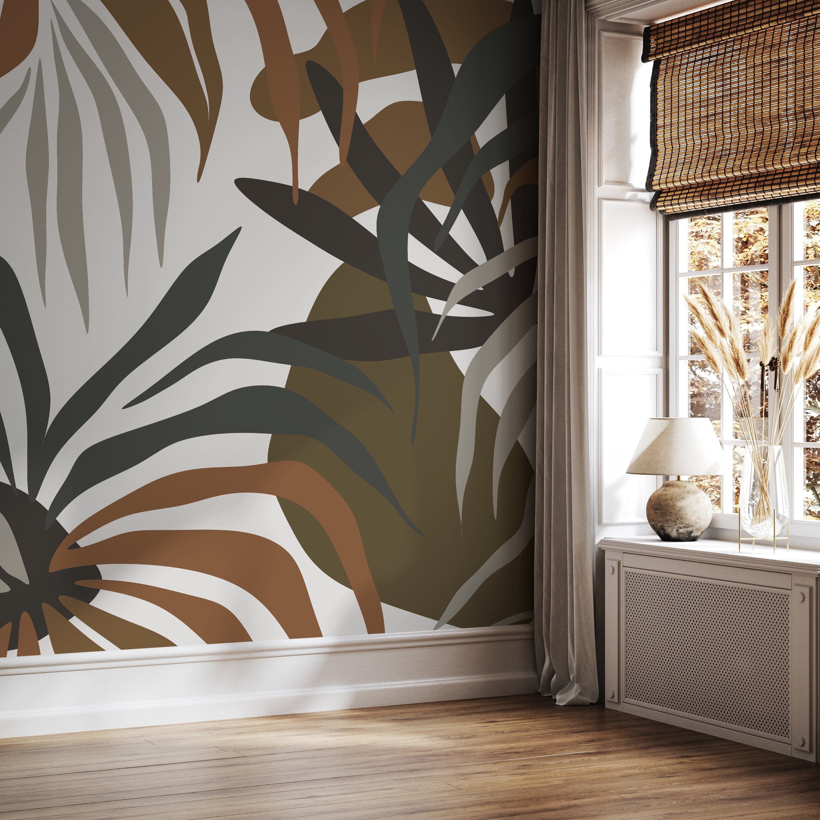 Botanical Wallpaper With Abstract Tropical Leaves In Brown, Green, And Gray - D714