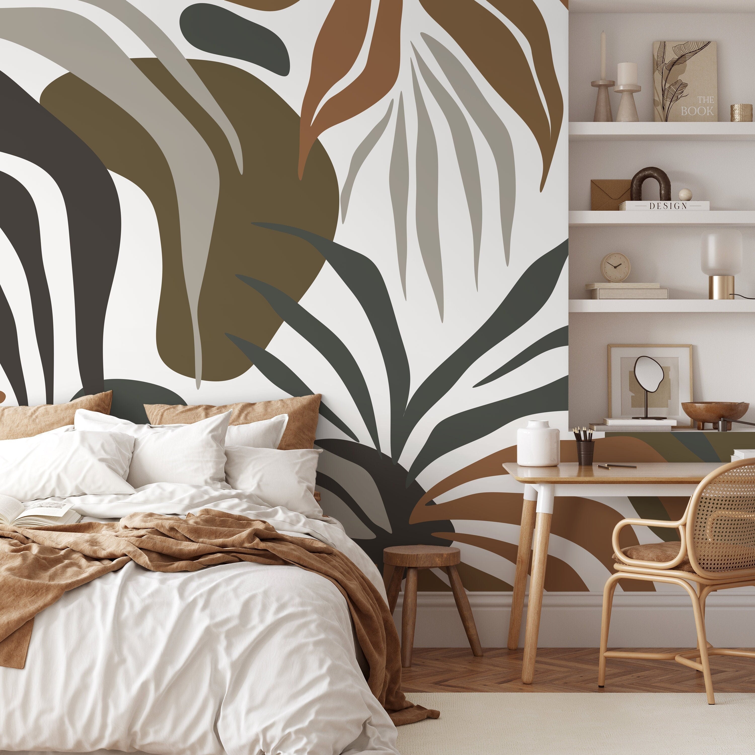 Botanical Wallpaper With Abstract Tropical Leaves In Brown, Green, And Gray - D714