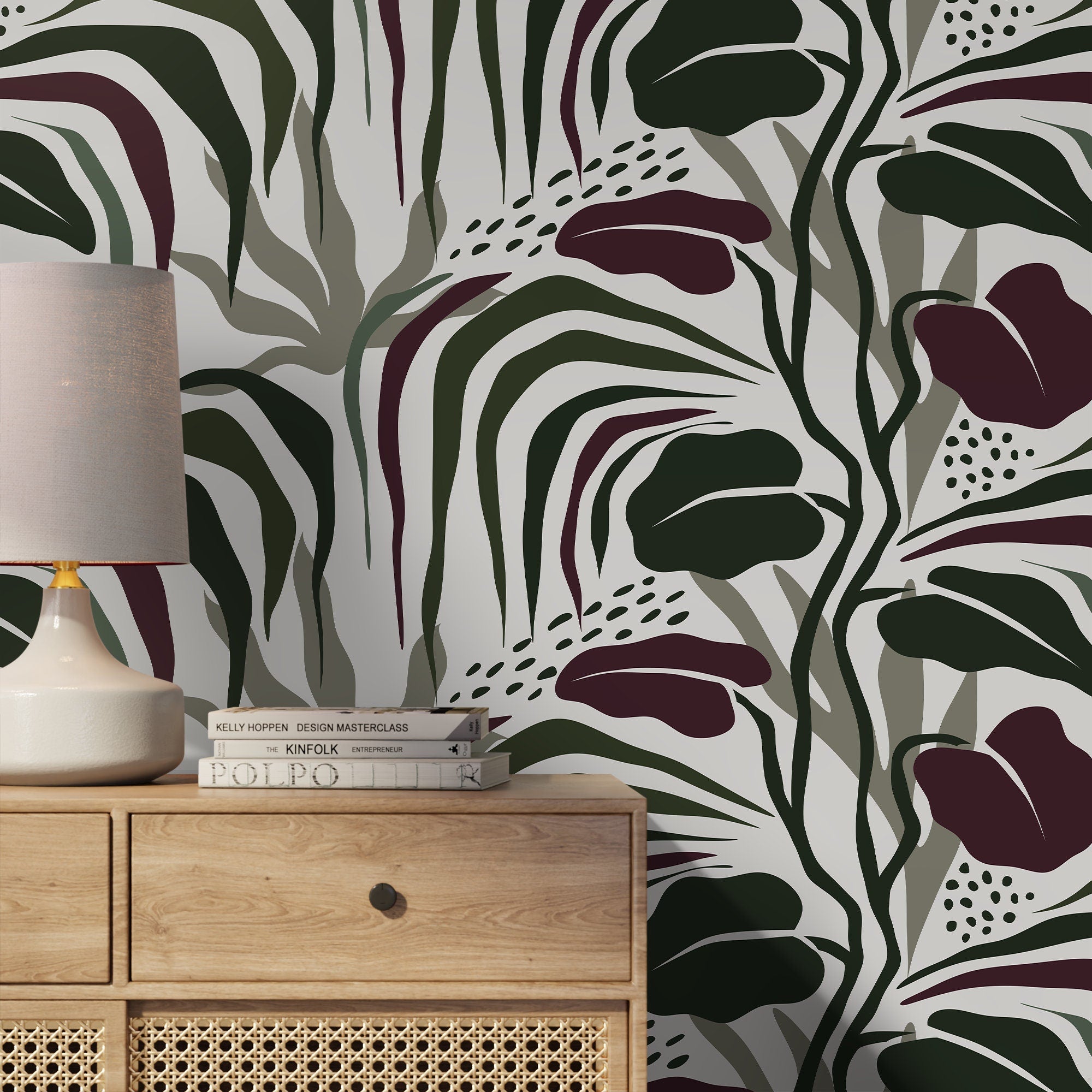 Abstract Wallpaper With A Modern Botanical Motif In Green, Burgundy, And Gray - D715