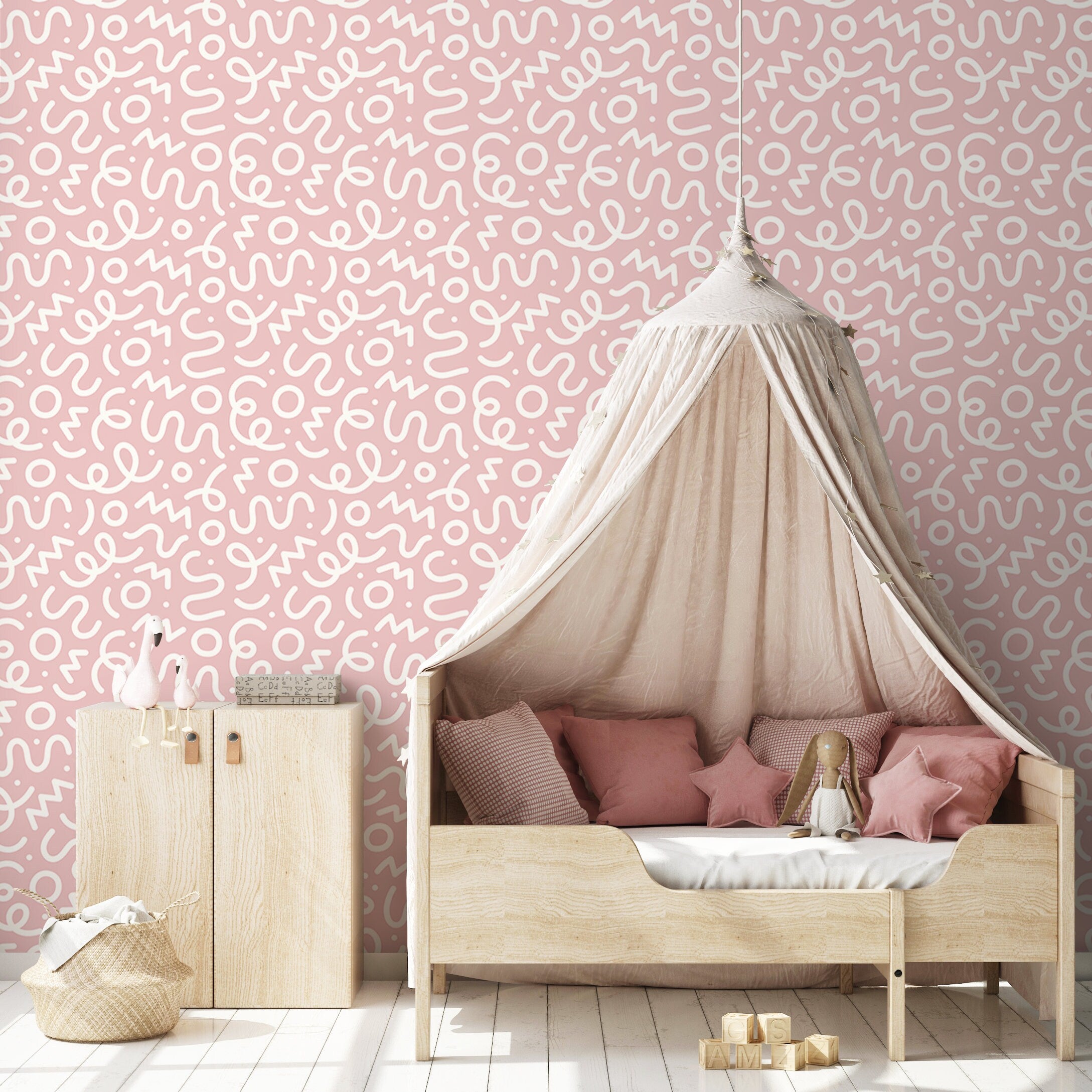 Abstract Wallpaper With Playful Squiggles In Pink And White - D577