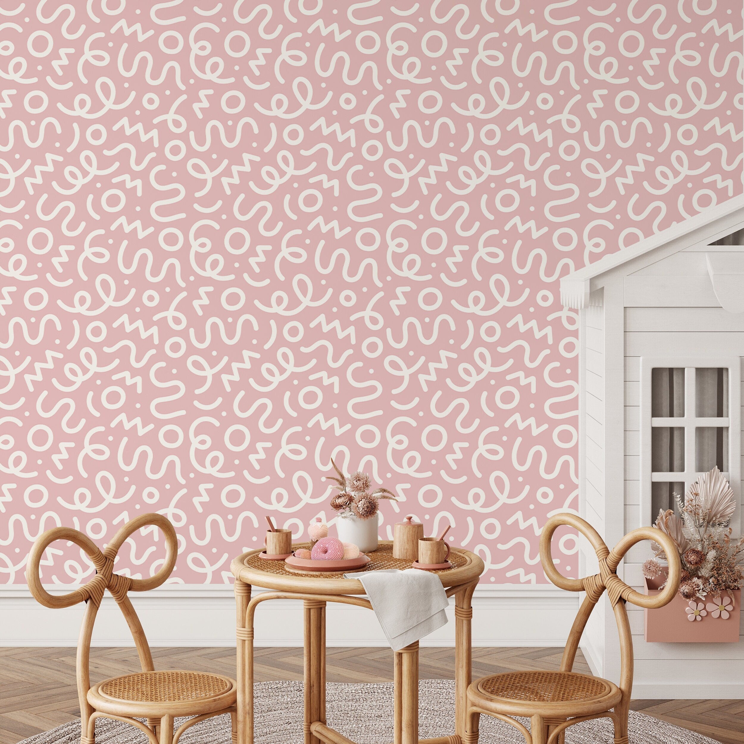 Abstract Wallpaper With Playful Squiggles In Pink And White - D577