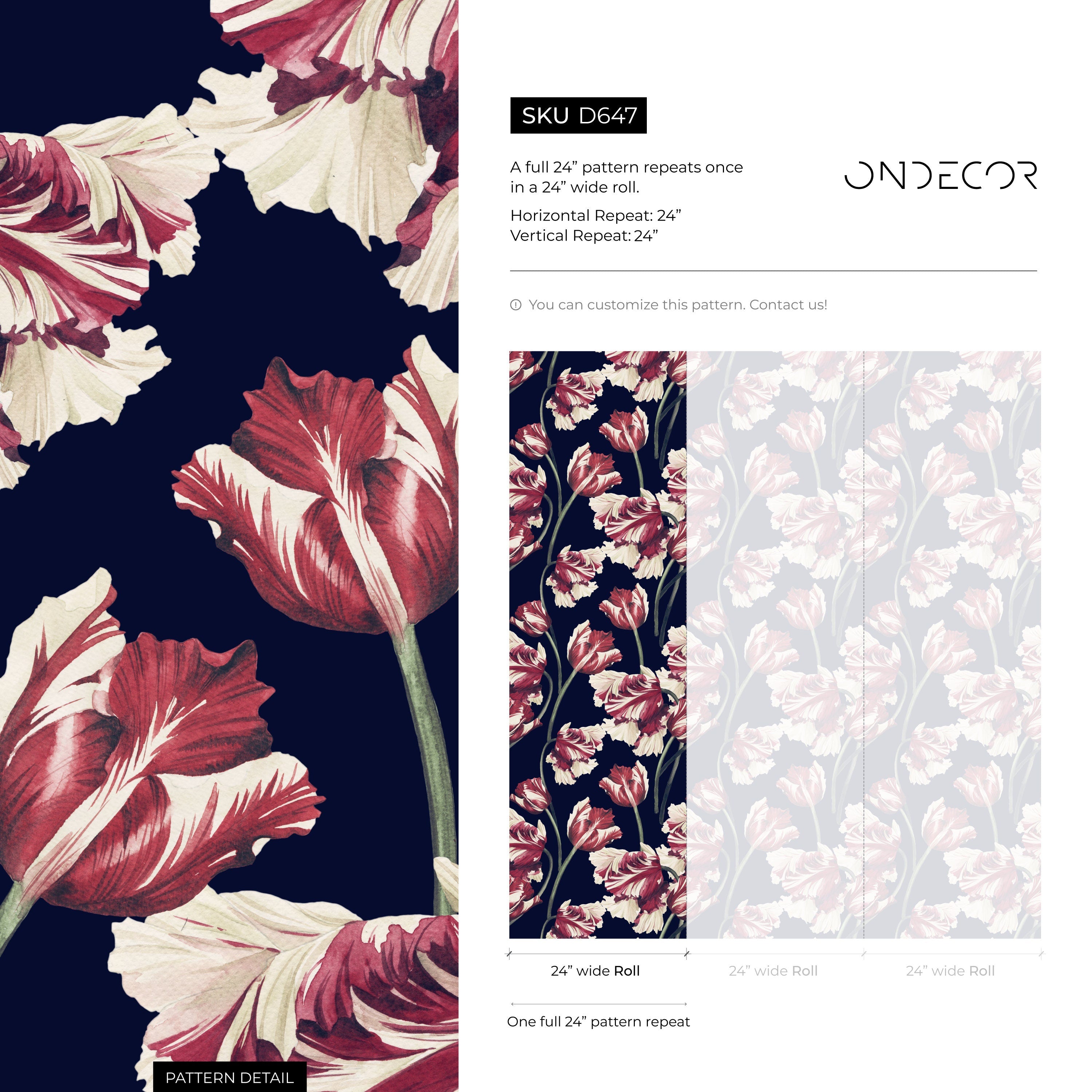 Floral Wallpaper Featuring Vintage Tulips In Red, Cream, And Navy Blue - D647