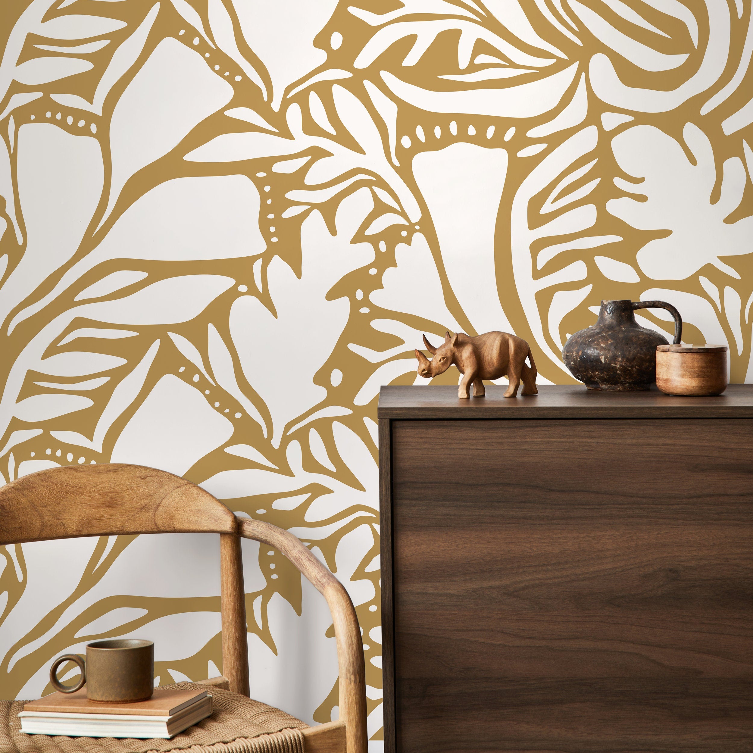 Abstract Wallpaper With A Flowing Botanical Motif In Yellow - D642