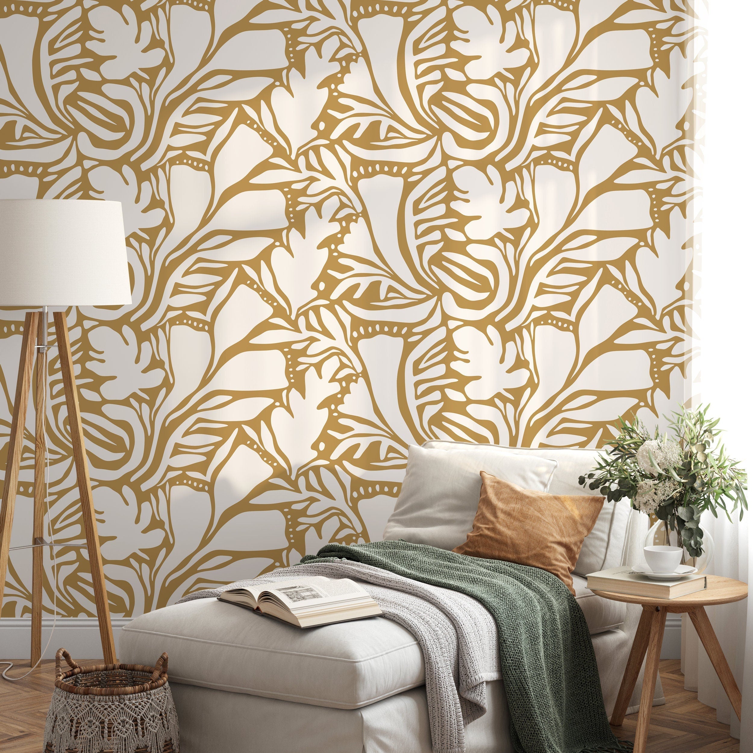 Abstract Wallpaper With A Flowing Botanical Motif In Yellow - D642