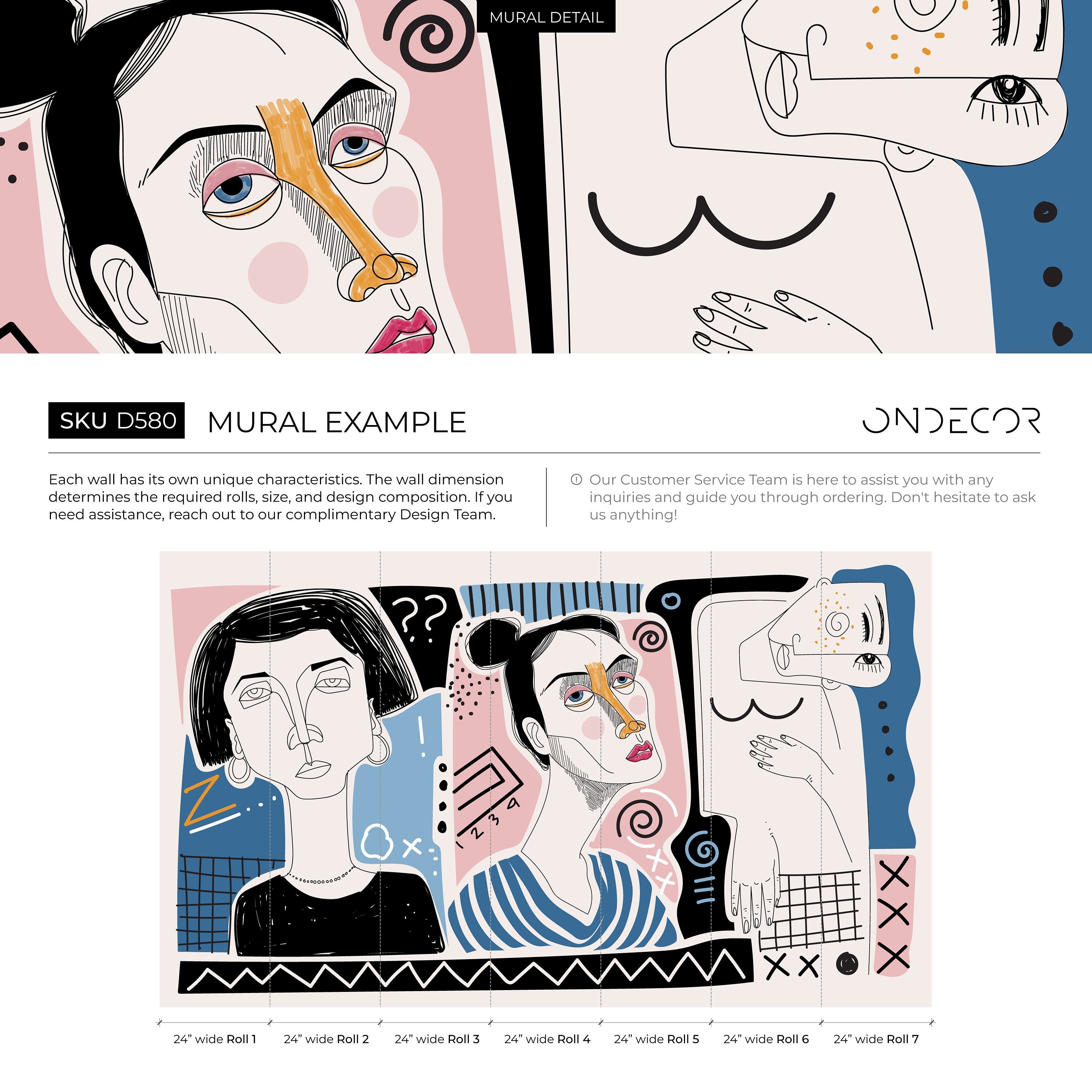 Abstract Wallpaper With Modern Line Art Faces In Pink, Blue, And Black - D580