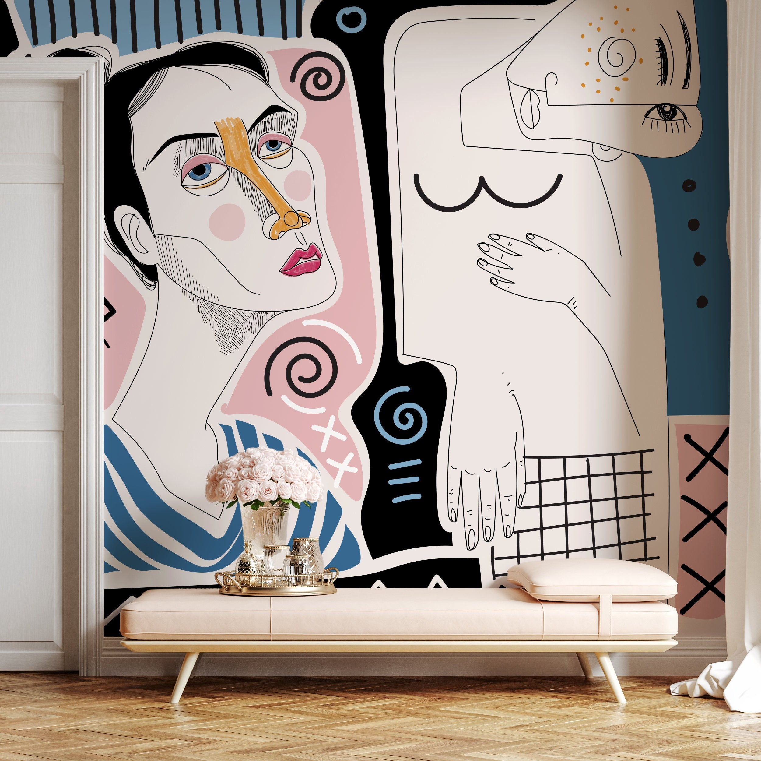 Abstract Wallpaper With Modern Line Art Faces In Pink, Blue, And Black - D580