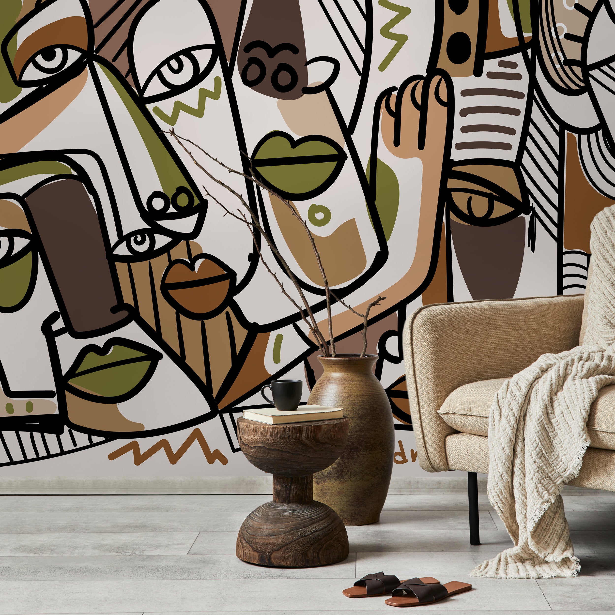 Cubism Wallpaper Inspired By Picasso Faces In Black, Green, And Beige - D581