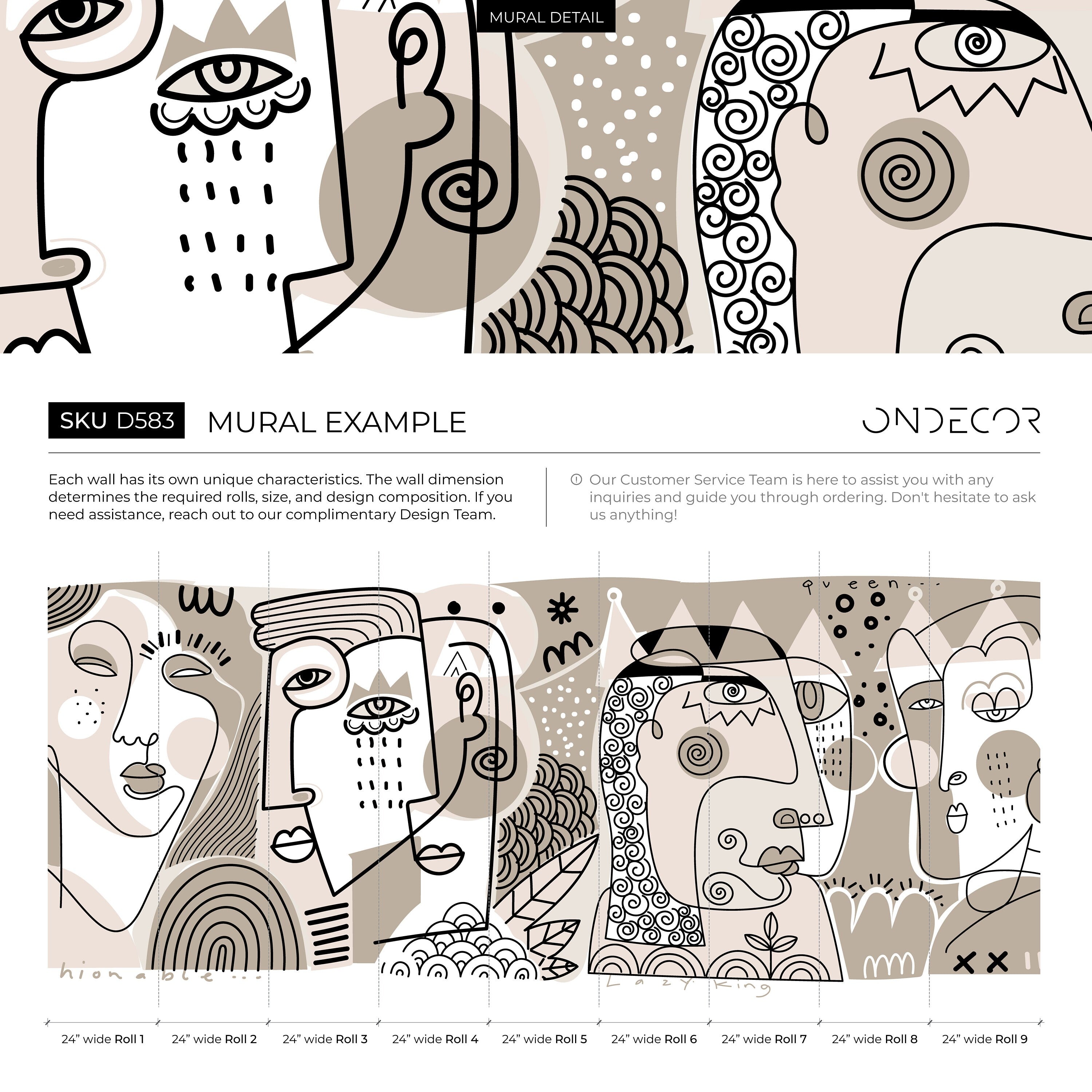Abstract Wallpaper With Hand-drawn Line Art Faces In Beige, Black, And White - D583