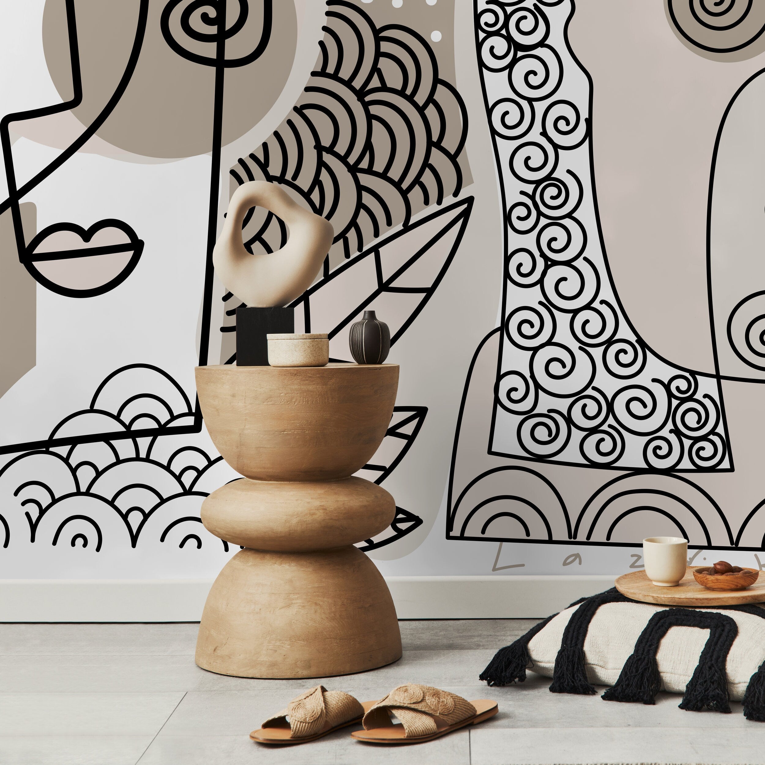 Abstract Wallpaper With Hand-drawn Line Art Faces In Beige, Black, And White - D583