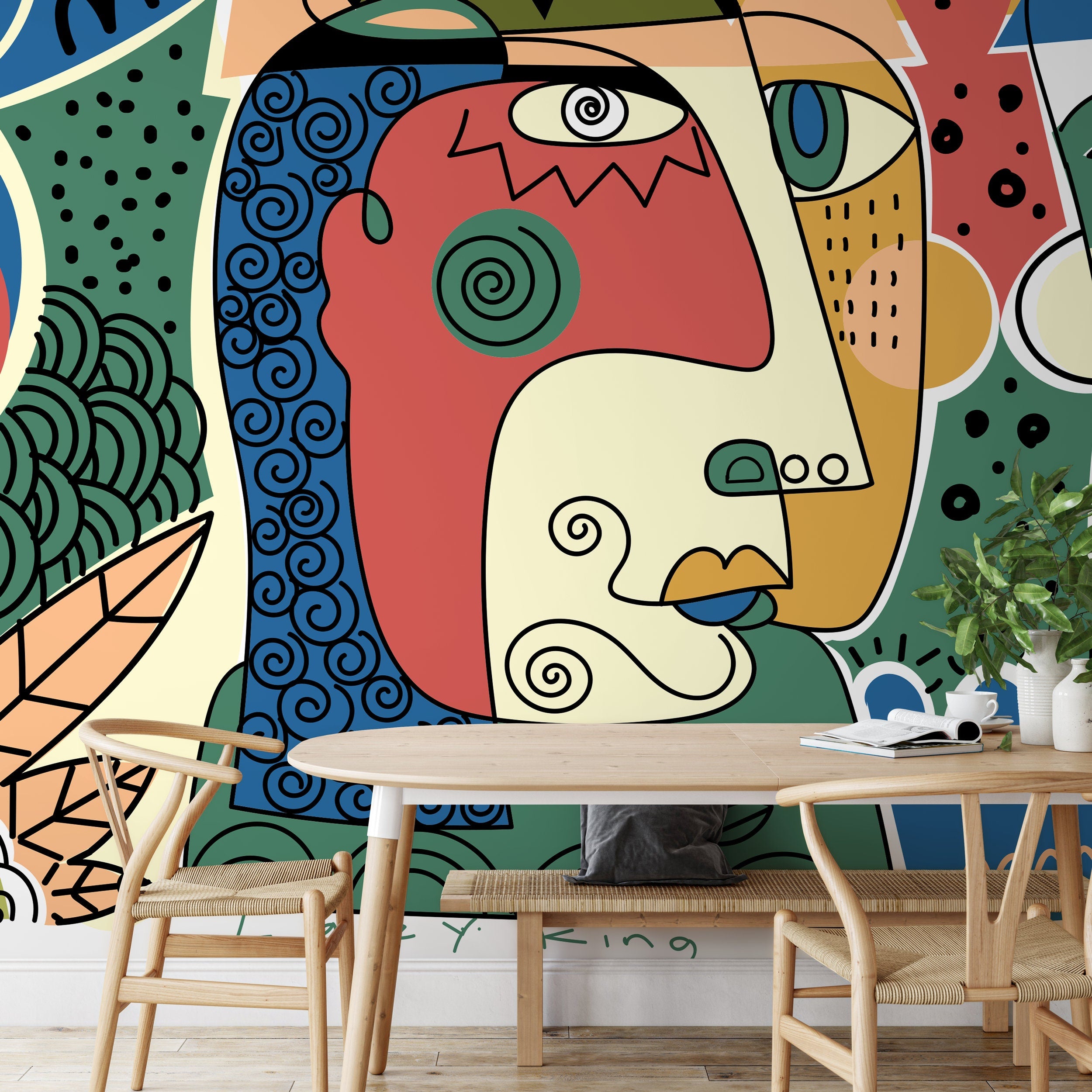 Abstract Wallpaper With A Cubist Face Motif In Yellow, Blue, And Red - D584