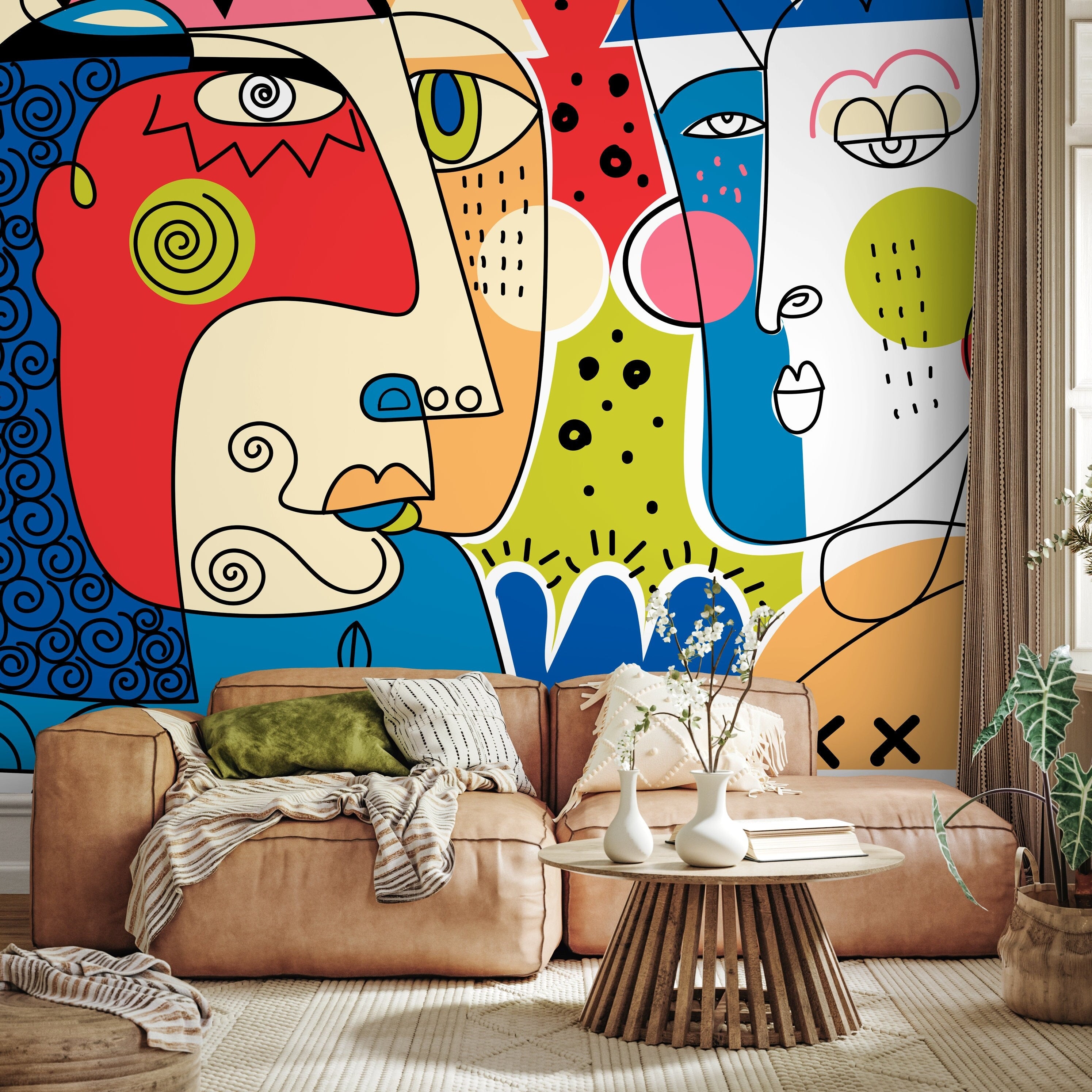 Cubism Wallpaper With Abstract Faces In Red, Blue, And Yellow - D585