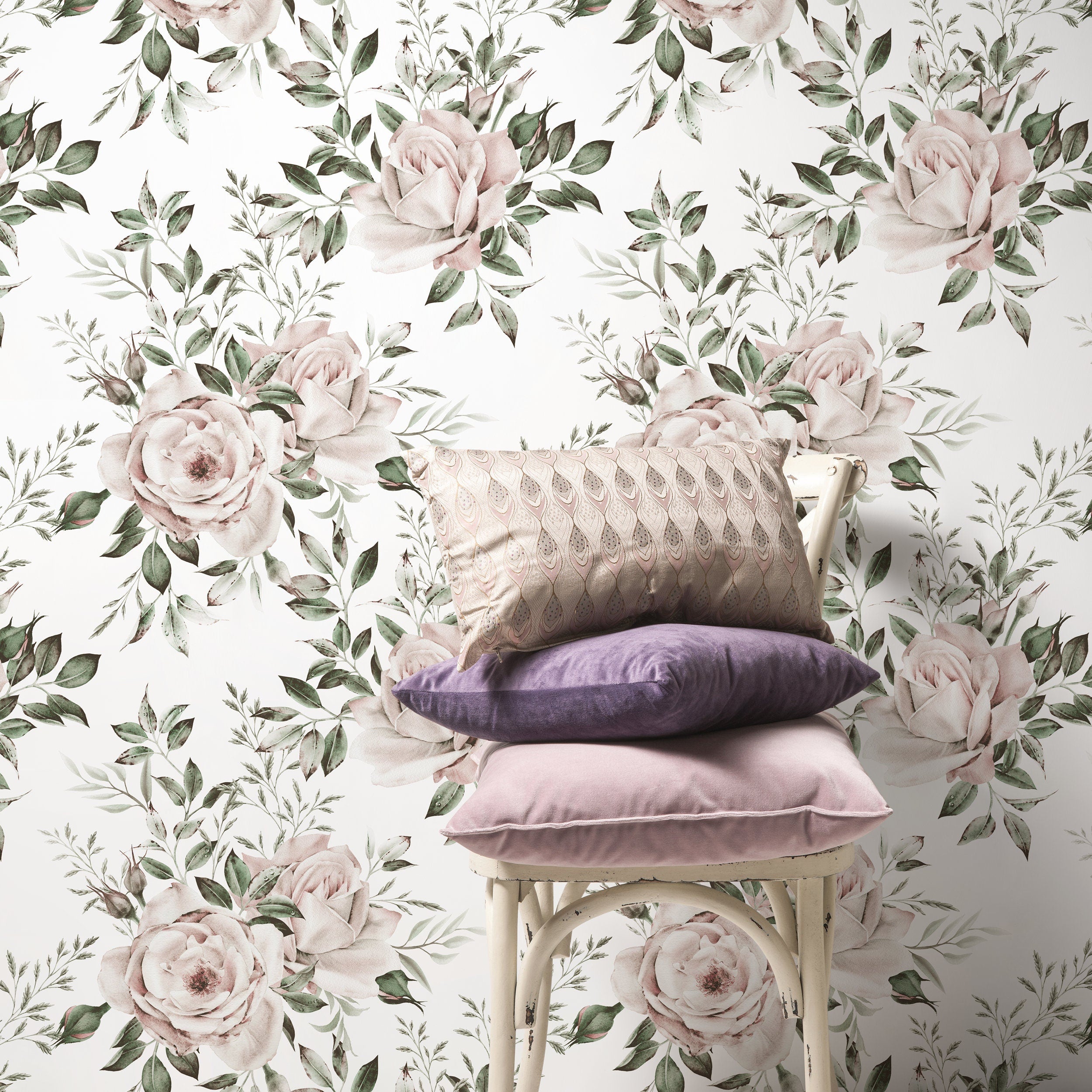 Floral Wallpaper Featuring Vintage Watercolor Roses In Pink And Green - D644
