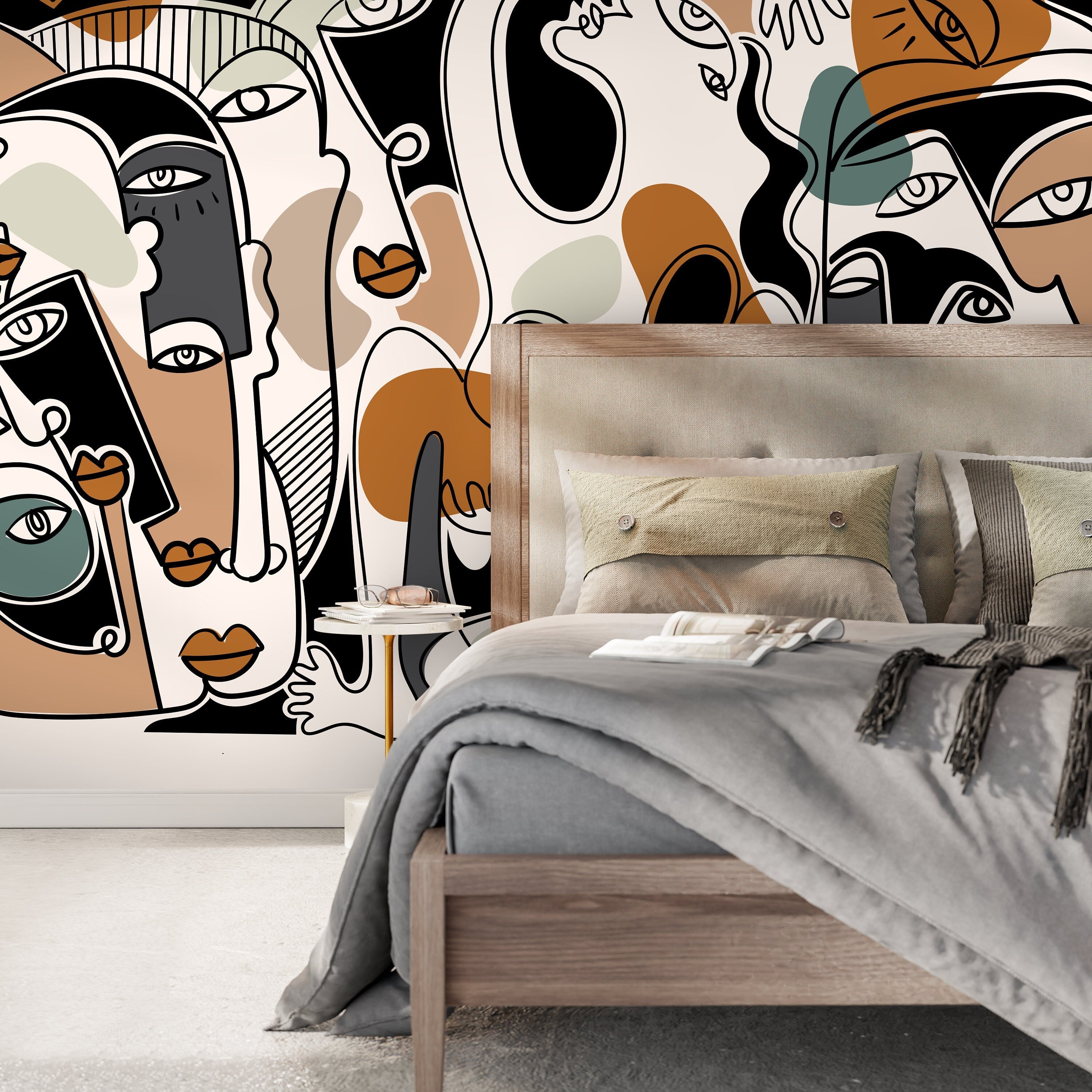 Cubism Wallpaper With Surreal Line Art Faces In Black And Terracotta - D587