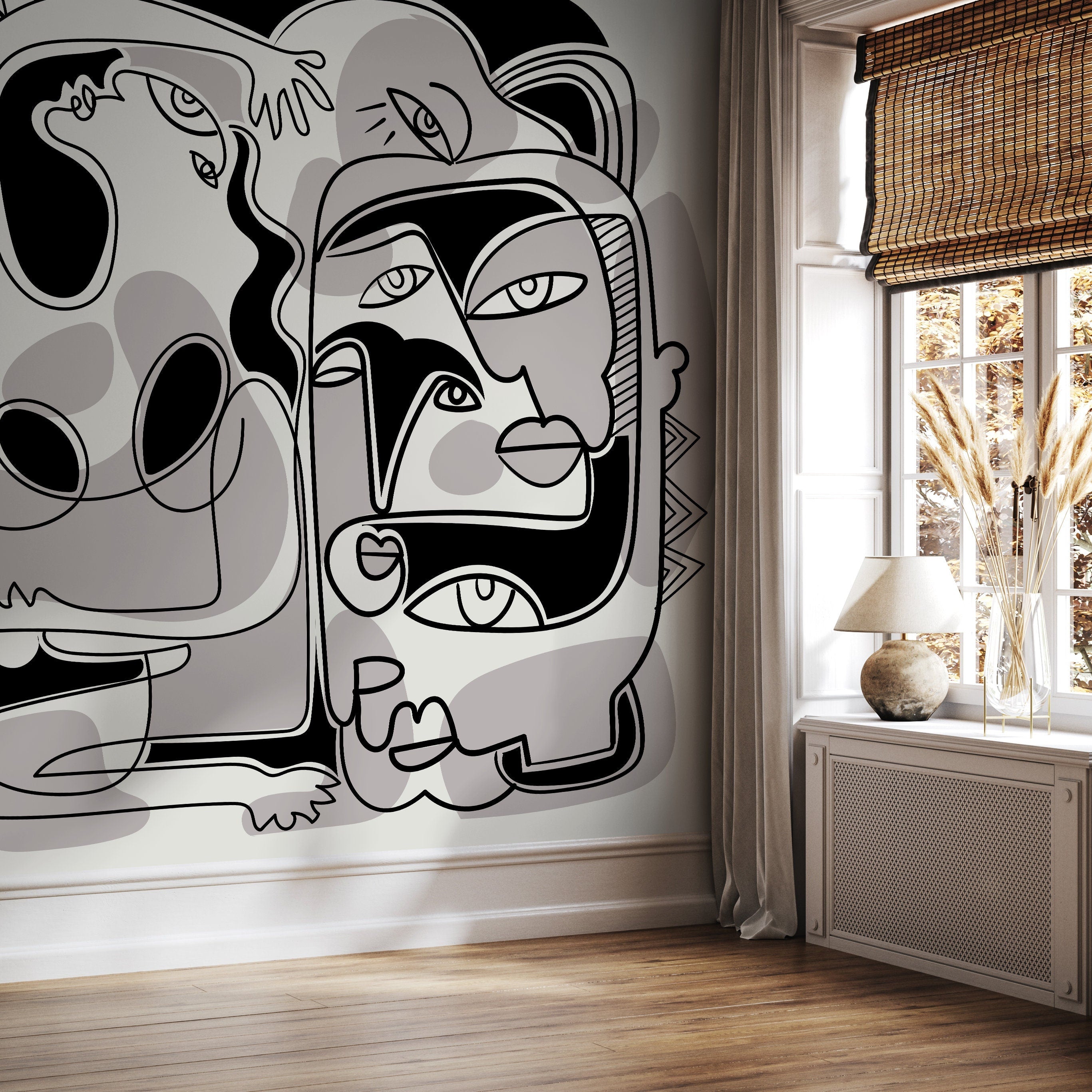 Abstract Wallpaper With Cubist Style Faces In Black And Grey - D588