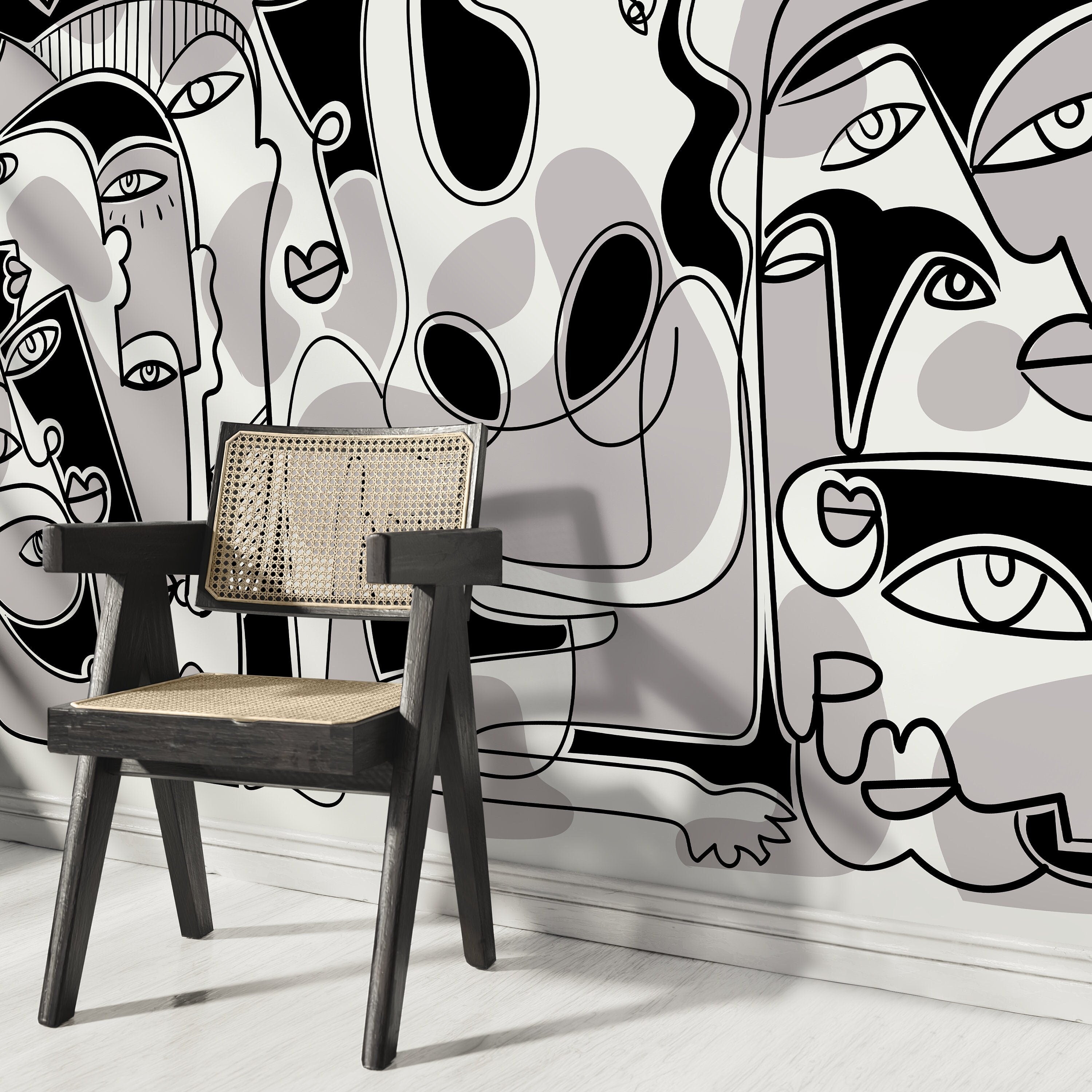 Abstract Wallpaper With Cubist Style Faces In Black And Grey - D588