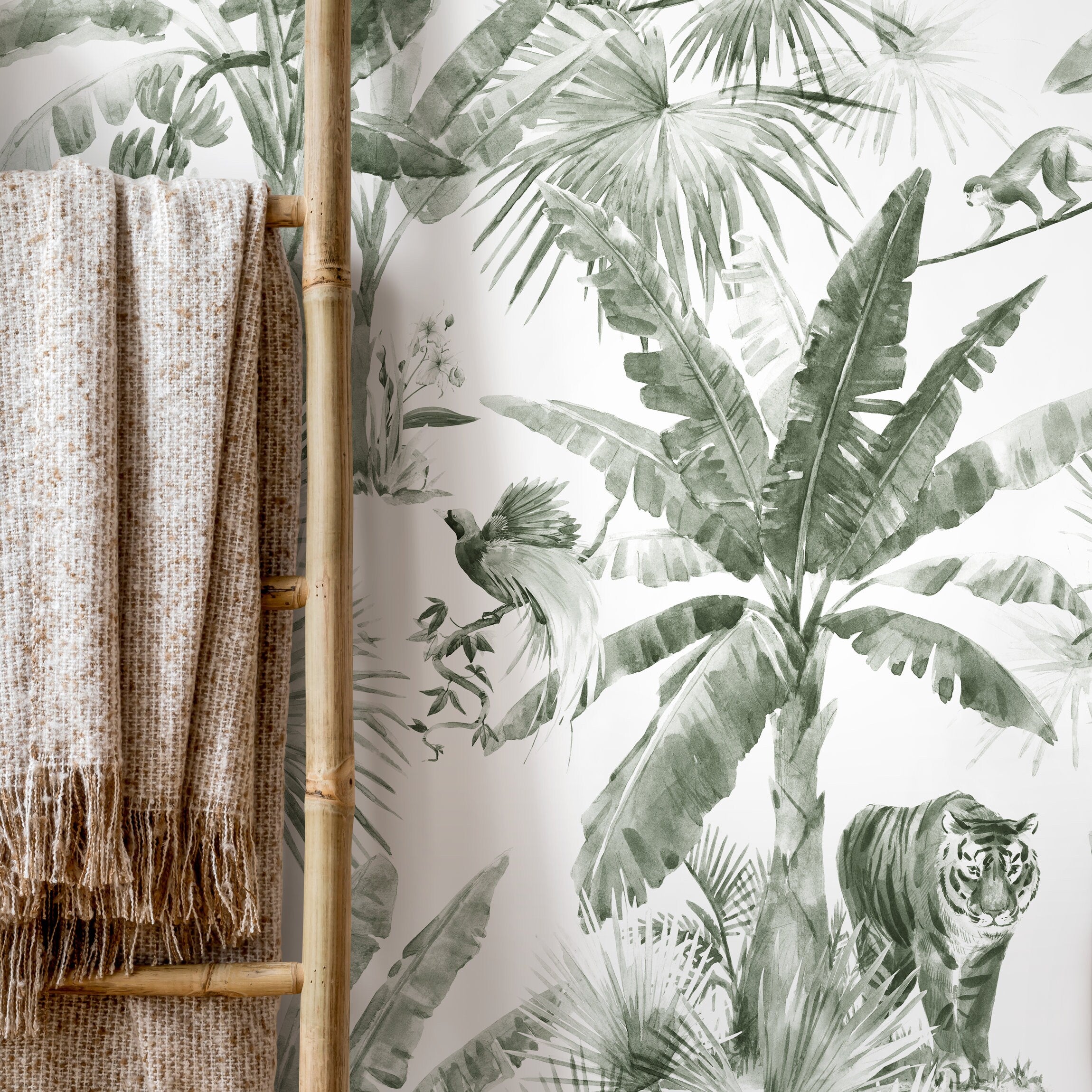 Jungle Wallpaper With A Watercolor Tiger And Palm Trees In Sage Green - D646
