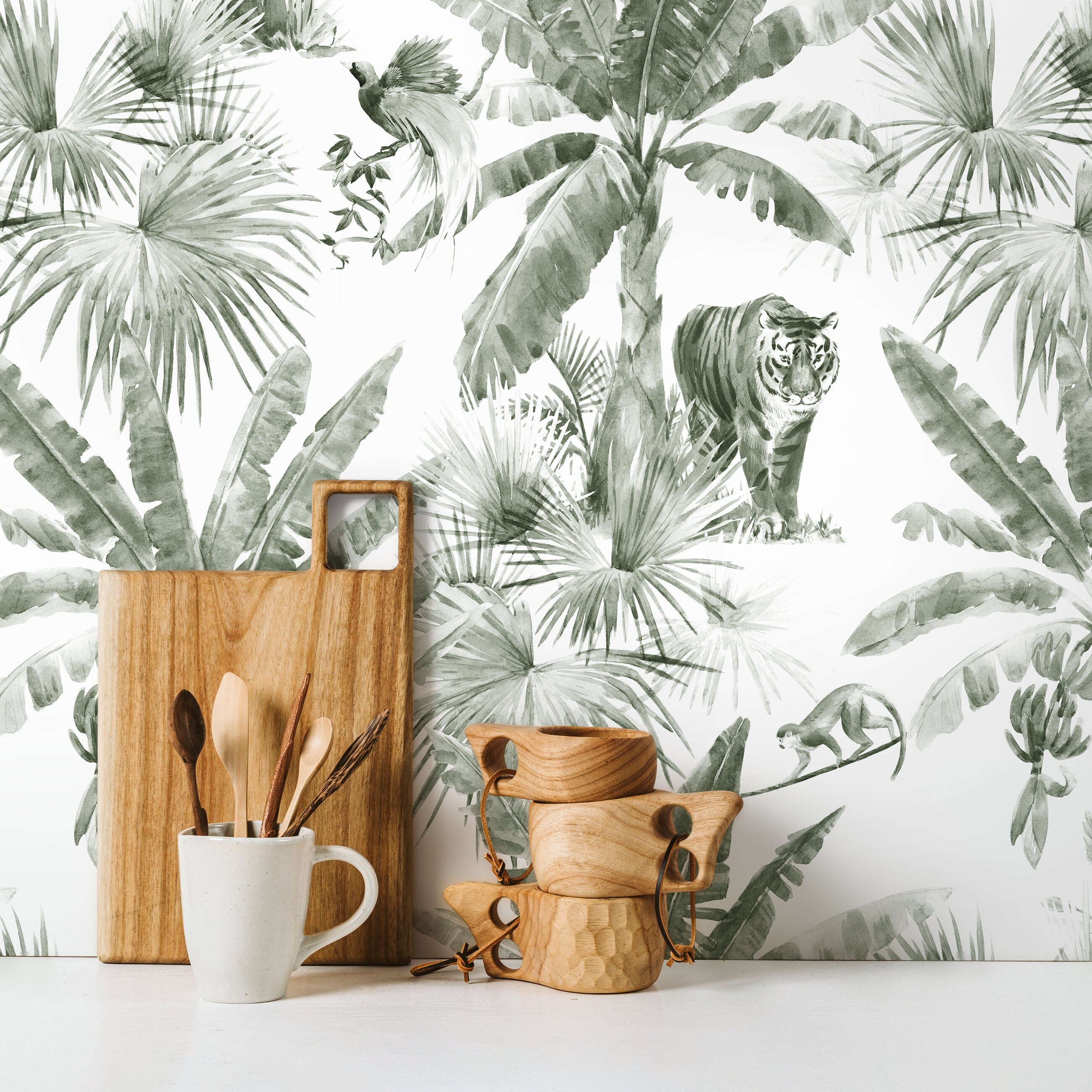 Jungle Wallpaper With A Watercolor Tiger And Palm Trees In Sage Green - D646
