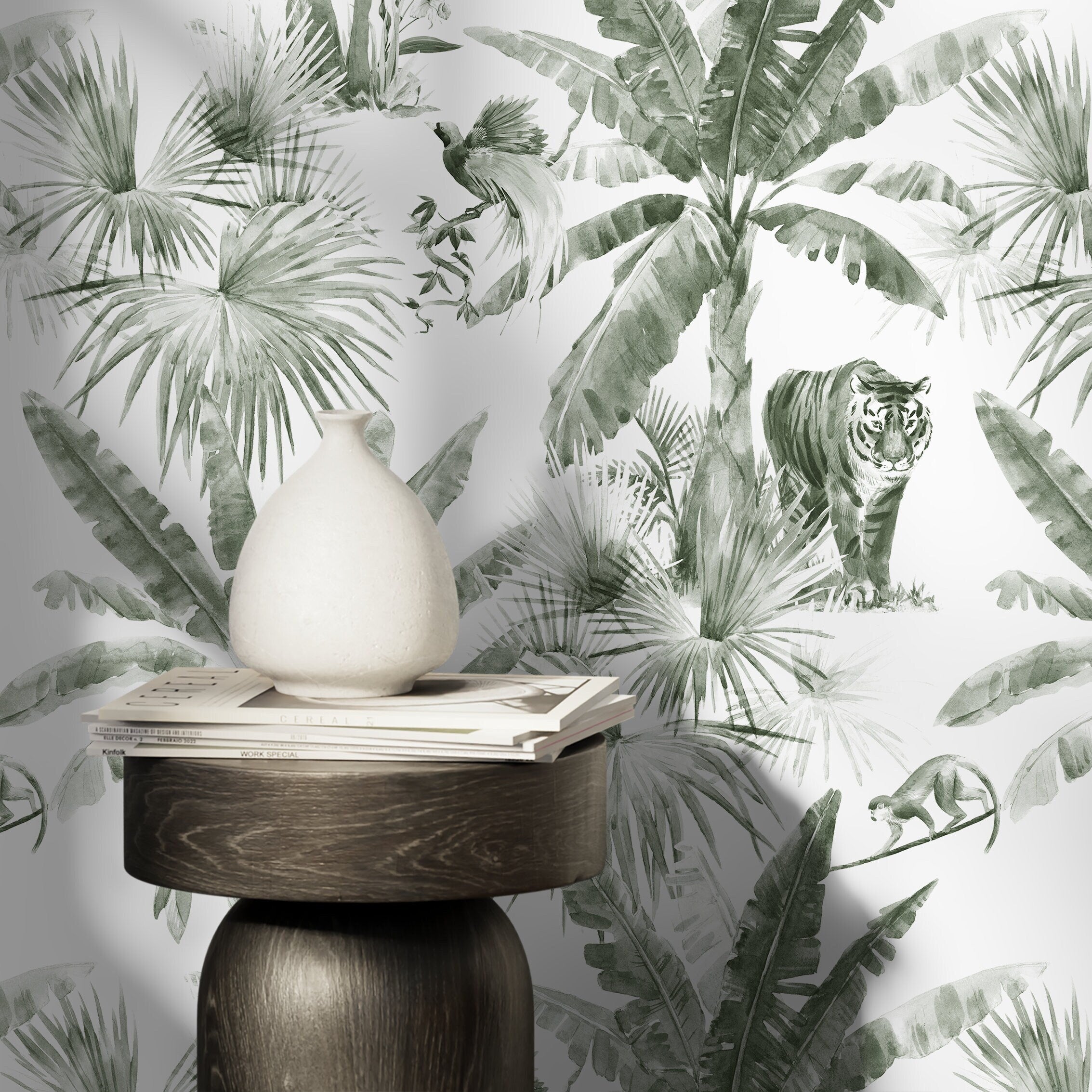 Jungle Wallpaper With A Watercolor Tiger And Palm Trees In Sage Green - D646