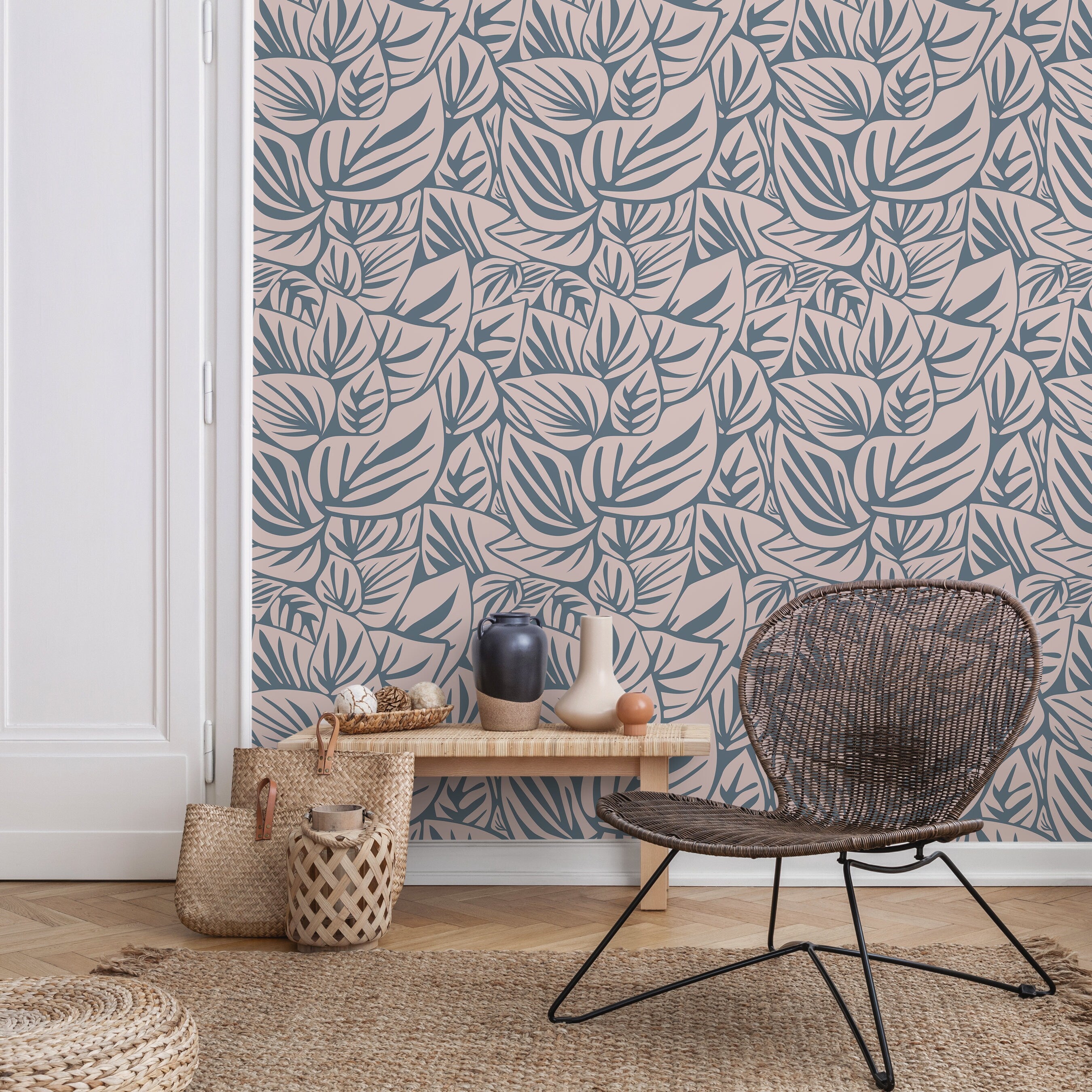 Botanical Wallpaper With Overlapping Leaves In Blue And Beige - D652