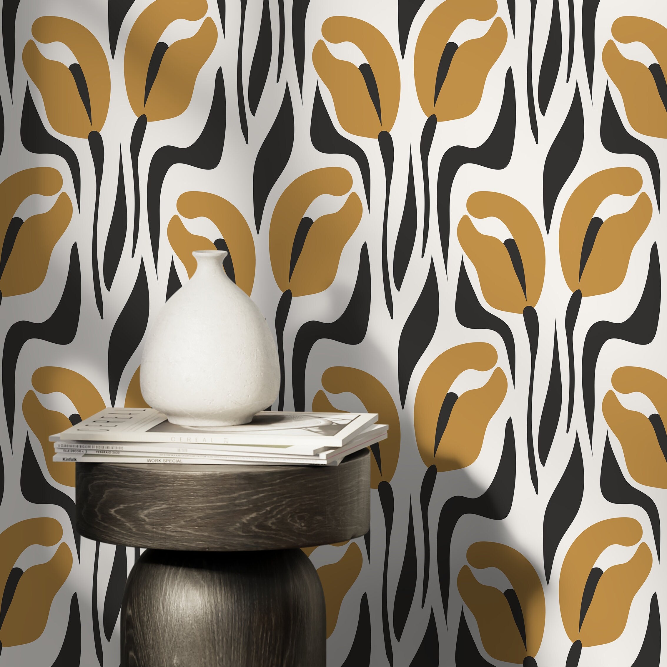 Floral Wallpaper With Abstract Tulips In Mustard Yellow And Black - D654