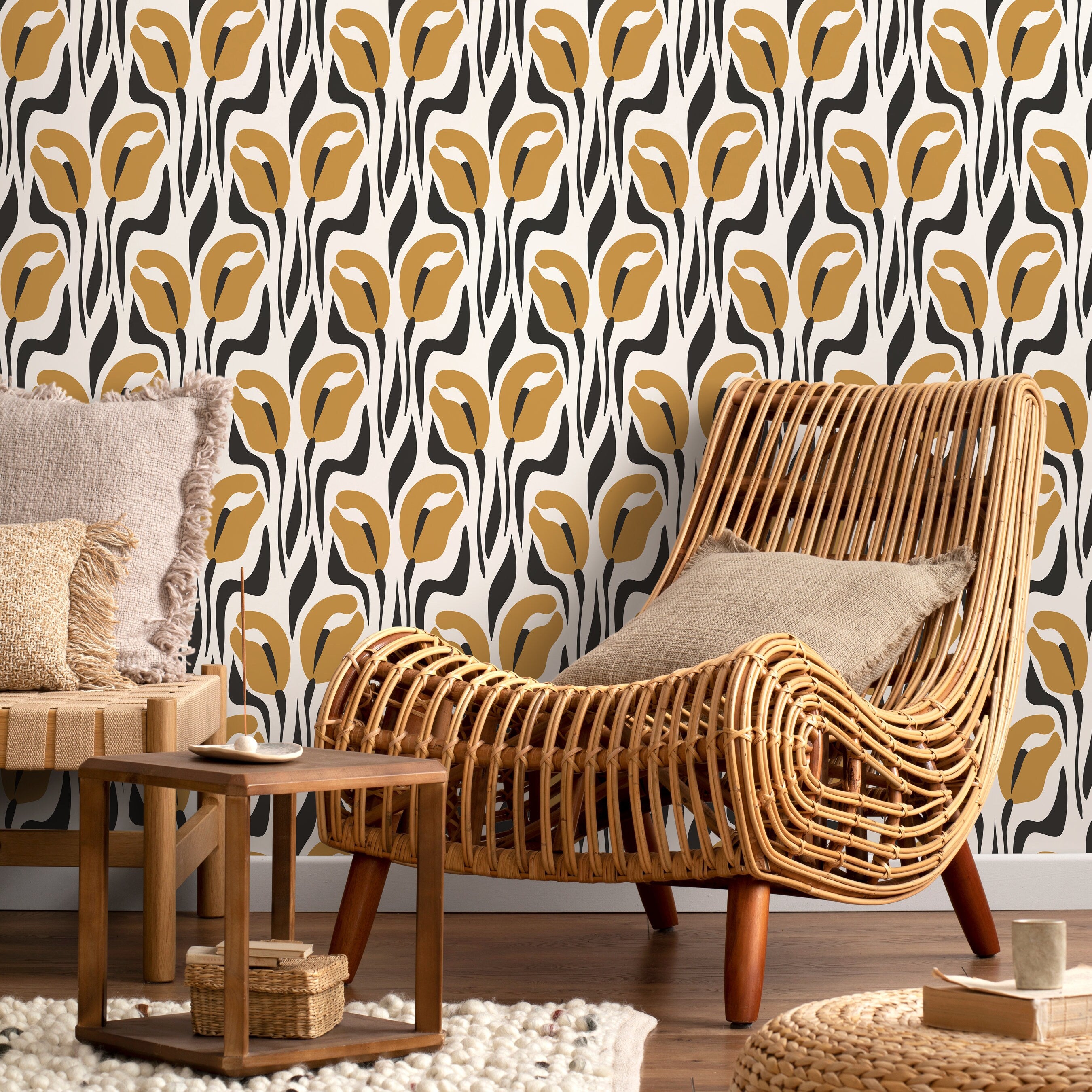 Floral Wallpaper With Abstract Tulips In Mustard Yellow And Black - D654