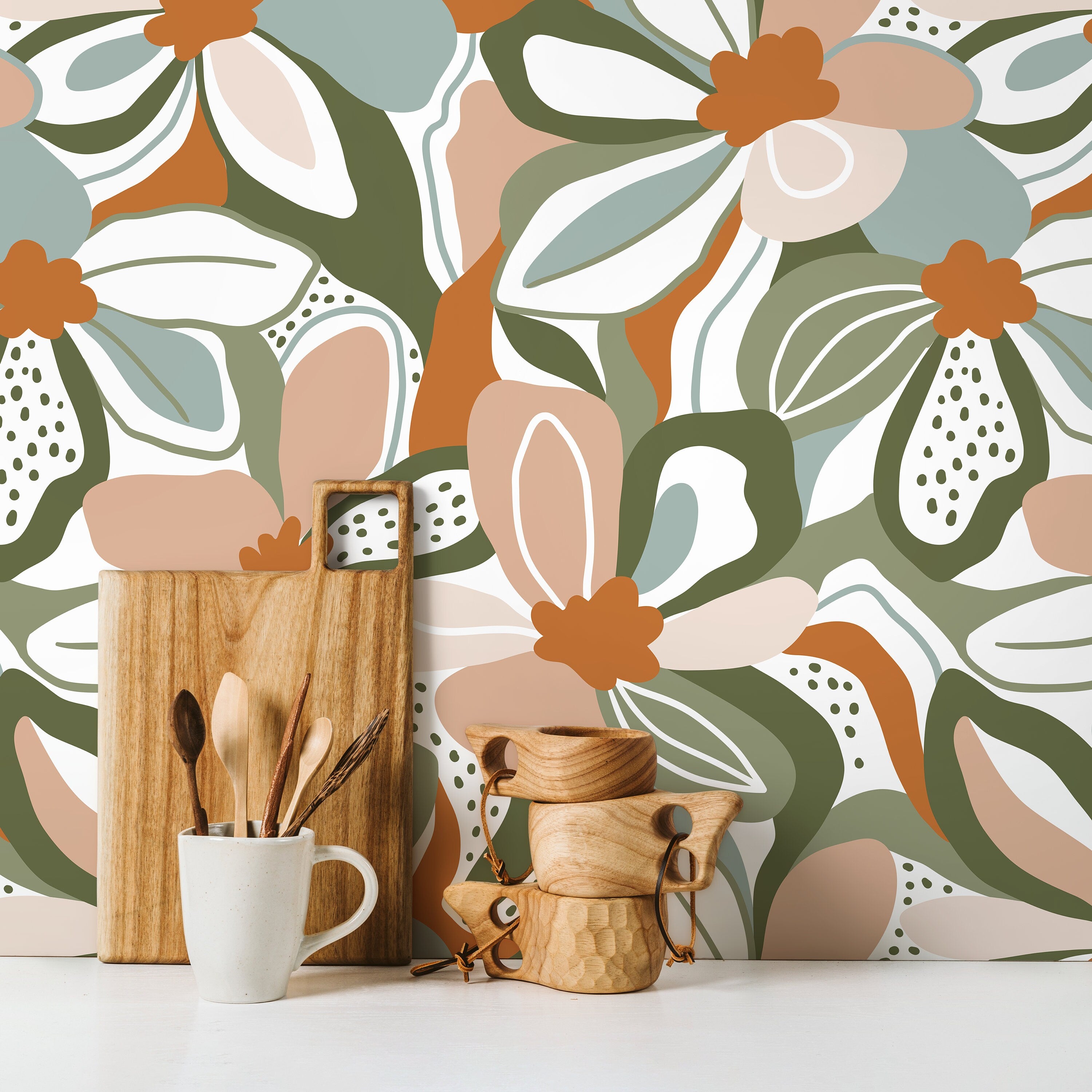 Floral Wallpaper With A Modern Abstract Motif In Green, Terracotta, And Pink - D655