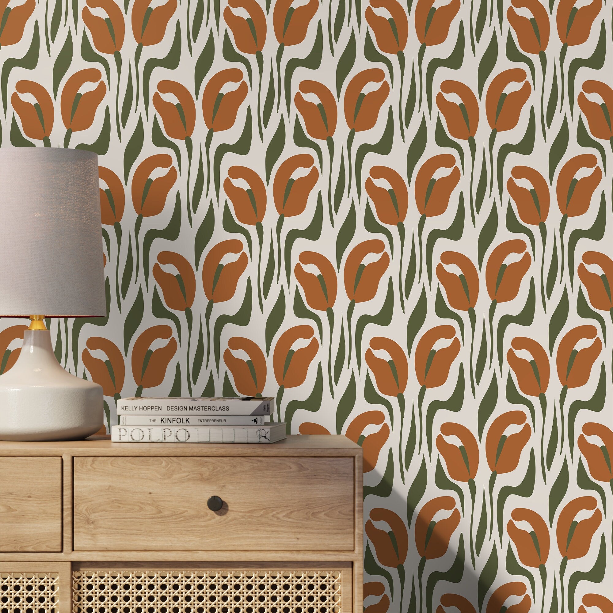 Floral Wallpaper Featuring Stylized Tulips In Terracotta And Olive Green - D653