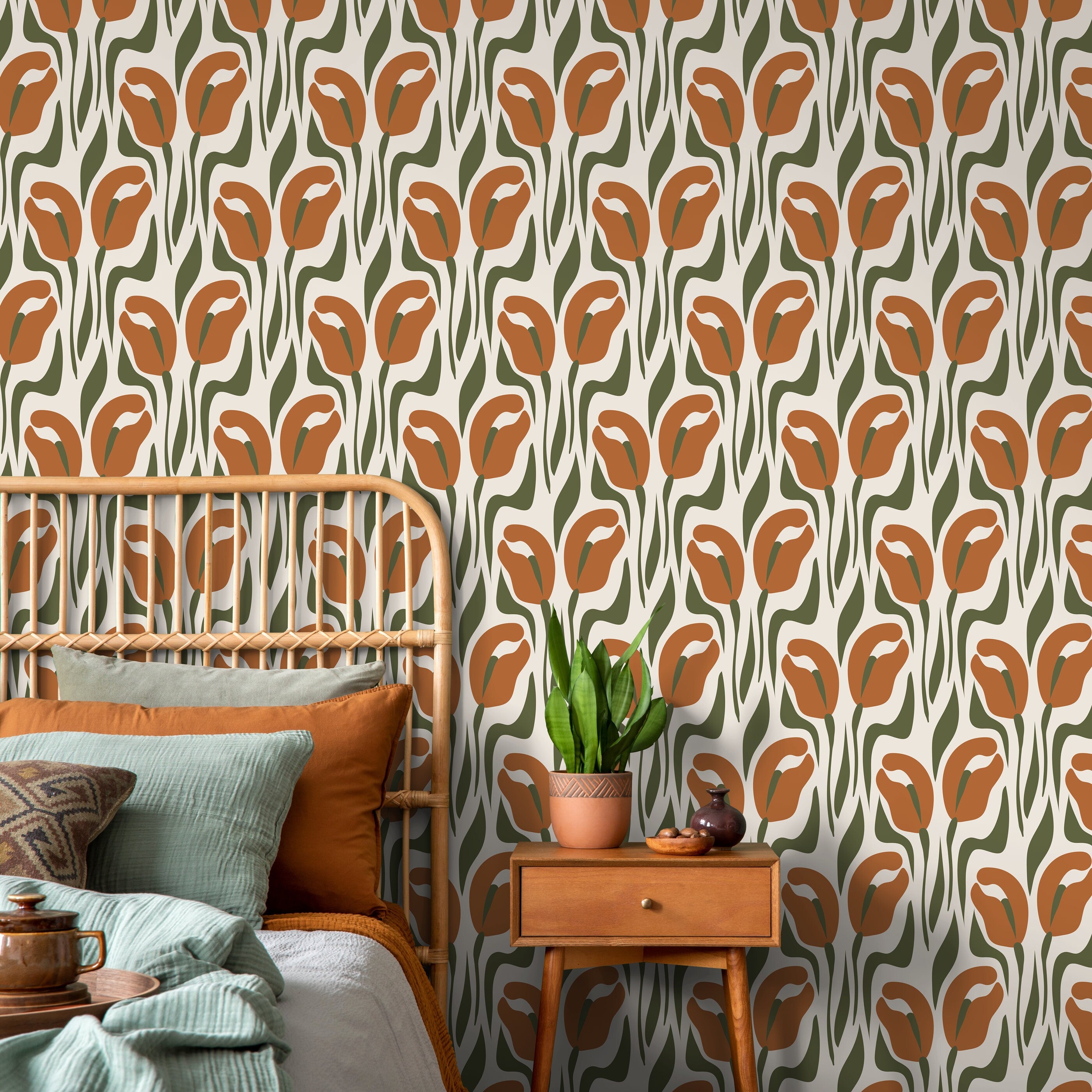Floral Wallpaper Featuring Stylized Tulips In Terracotta And Olive Green - D653
