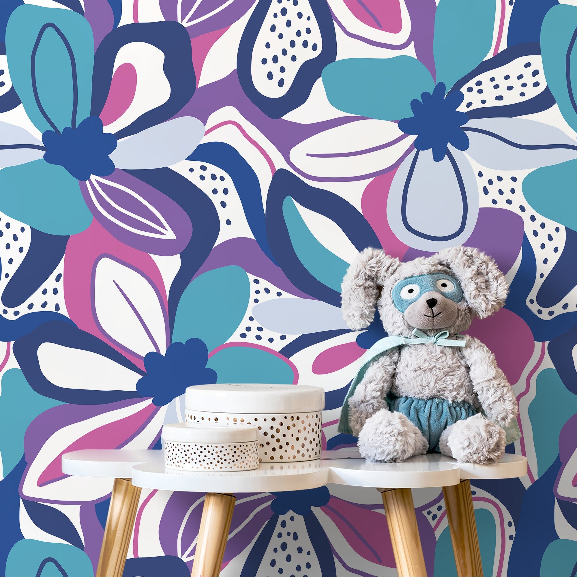 Floral Wallpaper With Graphic Blooms In Purple, Blue, And Pink - D656