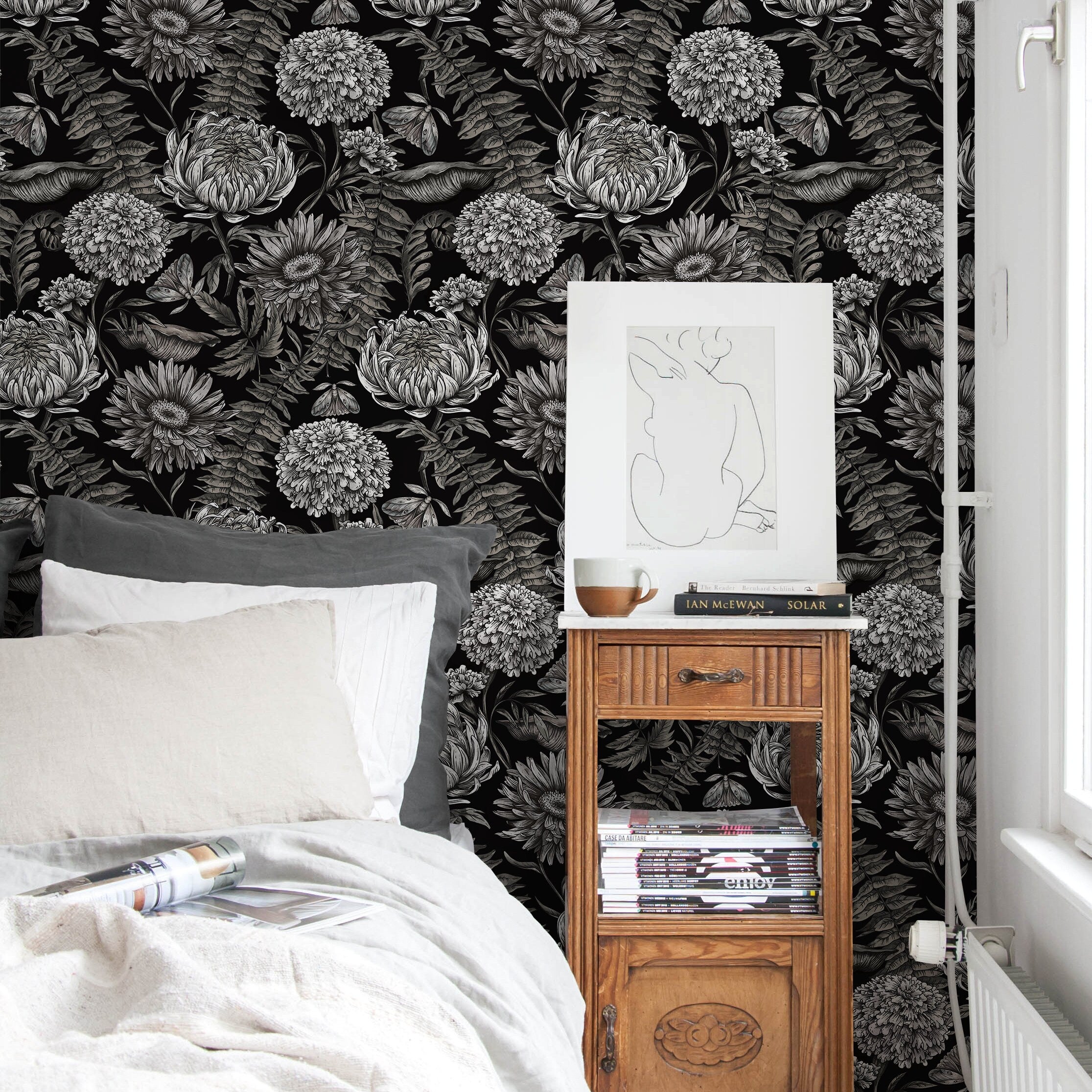 Floral Wallpaper With Intricate Chrysanthemums And Moths In Black And White - D824