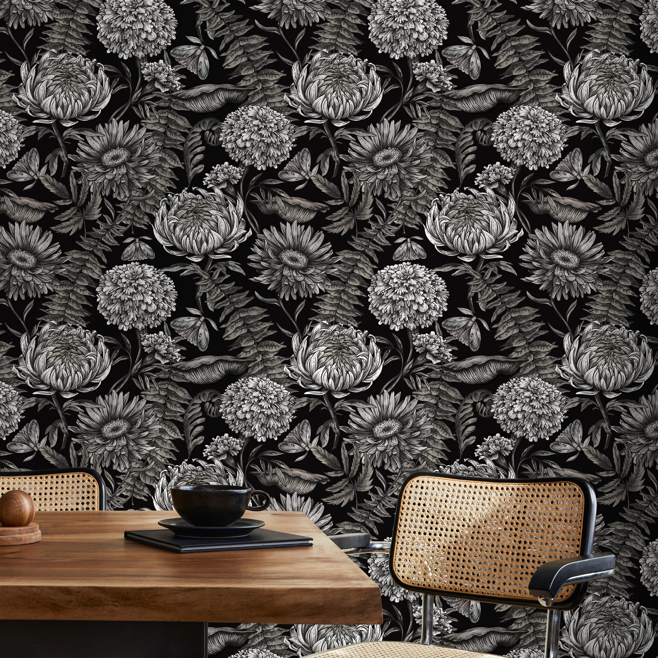 Floral Wallpaper With Intricate Chrysanthemums And Moths In Black And White - D824